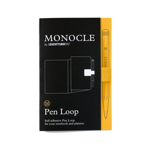 Black and yellow packaging of Monocle by Leuchtturm1917 pen loop with pen illustration.