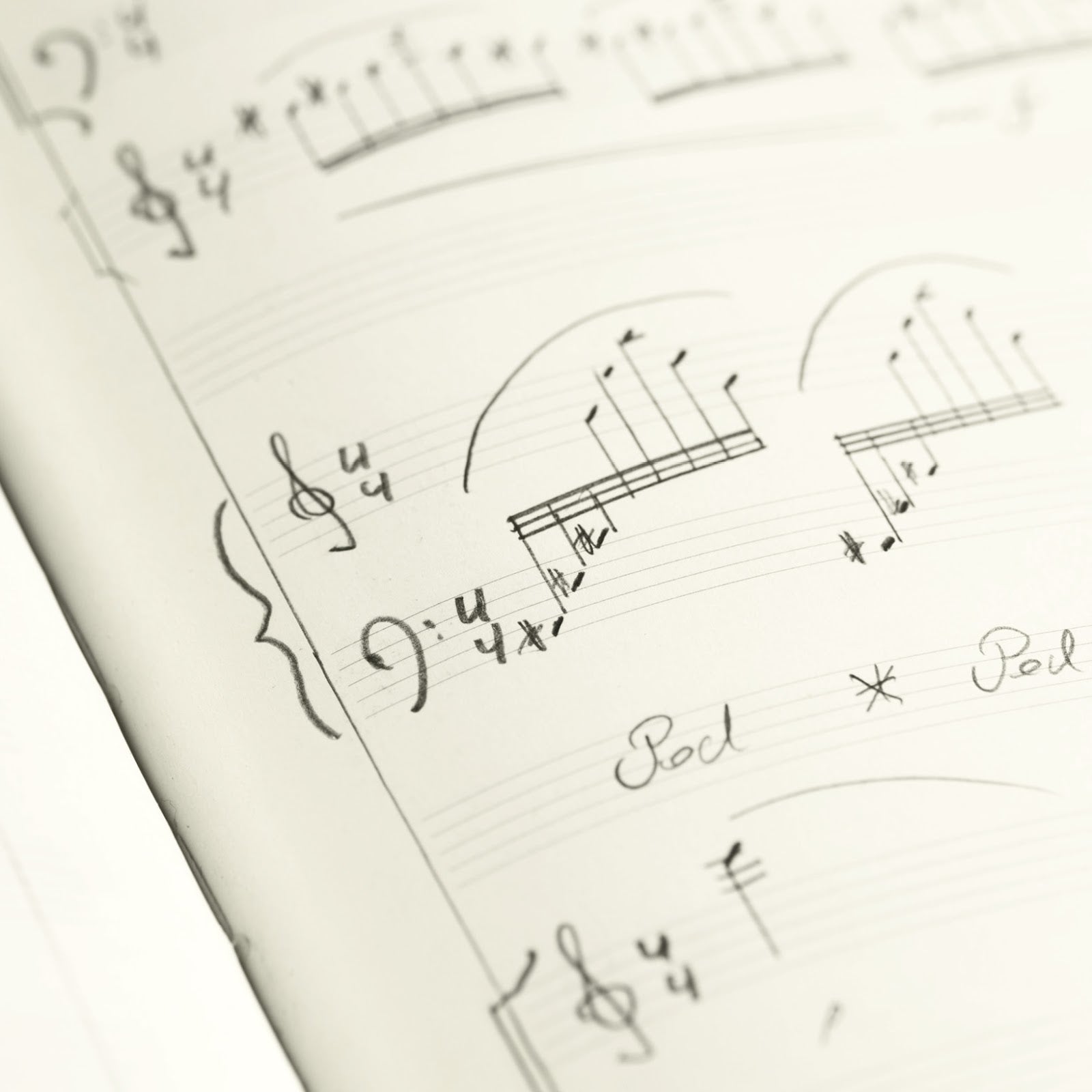Close-up of a sheet of music with handwritten notes and symbols.