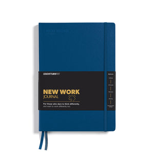 A Leuchtturm1917 New Work Journal in a deep blue hardcover with a black paper band around the middle and a blue ribbon bookmark, shown on a plain white background.