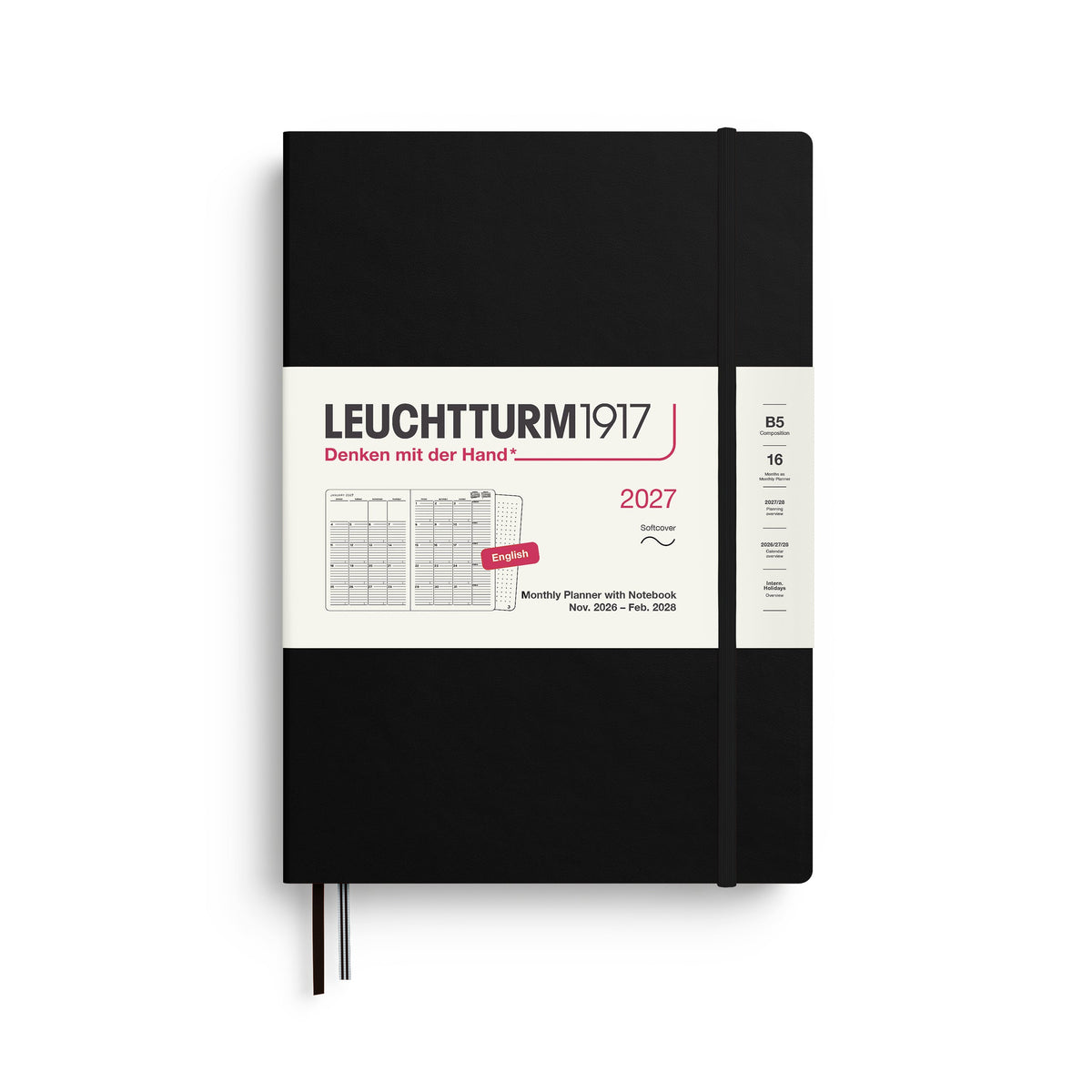 Monthly Planner with Notebook 2027, 16 Months, English – Composition (B5) Softcover Black