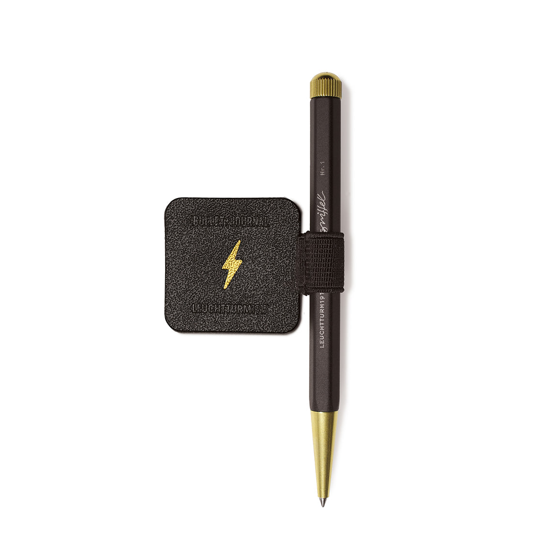Black and gold pen with a lightning bolt design on a white background
