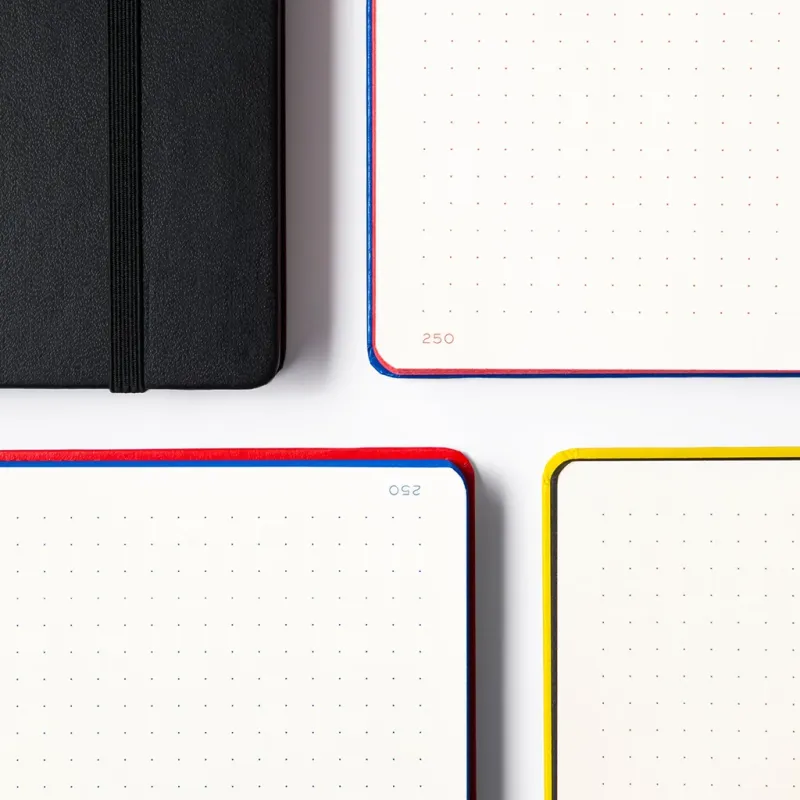 Three notebooks with different colored bindings on a white background