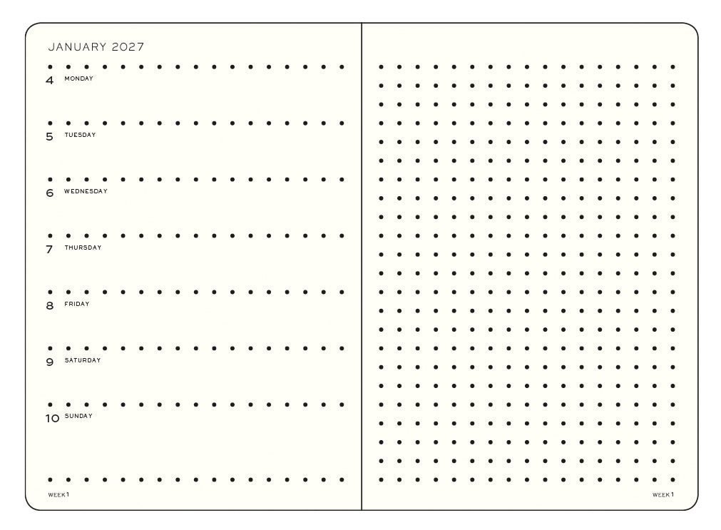 A two-page spread of a minimalist weekly planner or dot grid planner in cream and black. The left page shows January 2027 with days of the week labeled and dots marking the 4th through 10th.