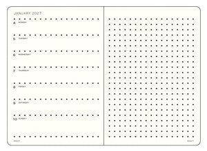 A two-page spread of a minimalist weekly planner or dot grid planner in cream and black. The left page shows January 2027 with days of the week labeled and dots marking the 4th through 10th.
