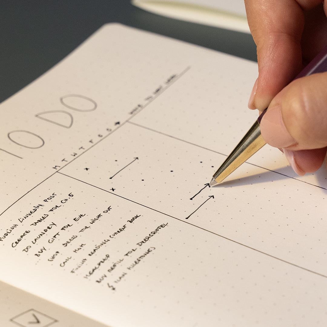 A close-up of a hand holding a metallic pen and pointing at a handwritten daily planner or to-do list in a dotted notebook.