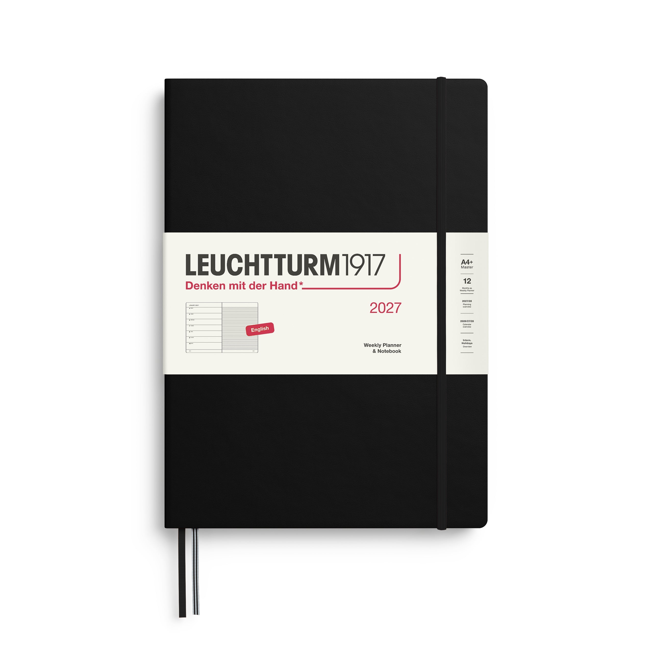 Weekly Planner & Notebook 2027, 12 Months, Ruled, English – Master (A4+) Hardcover Black
