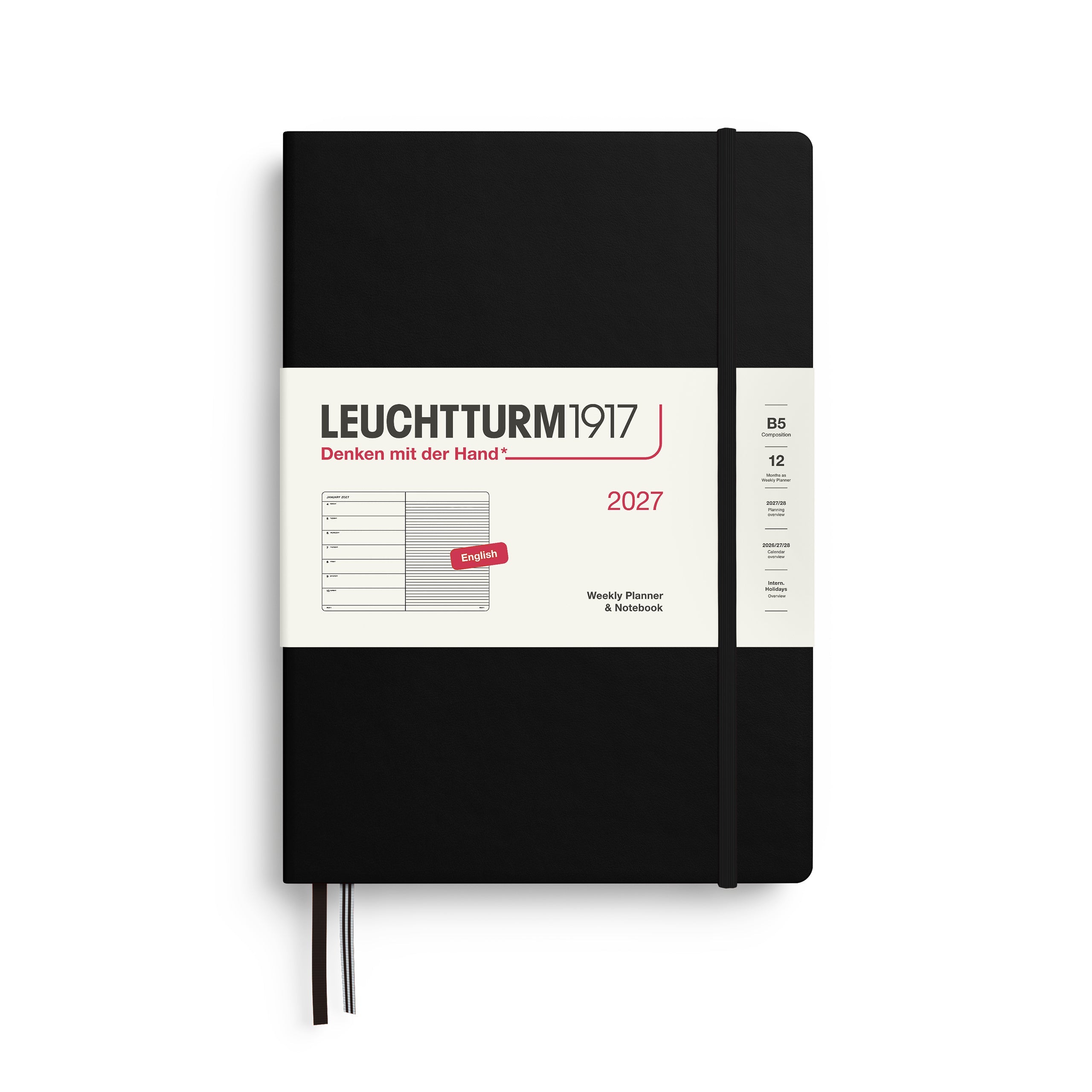 Weekly Planner & Notebook 2027, 12 Months, Ruled, English – Composition (B5) Hardcover Black