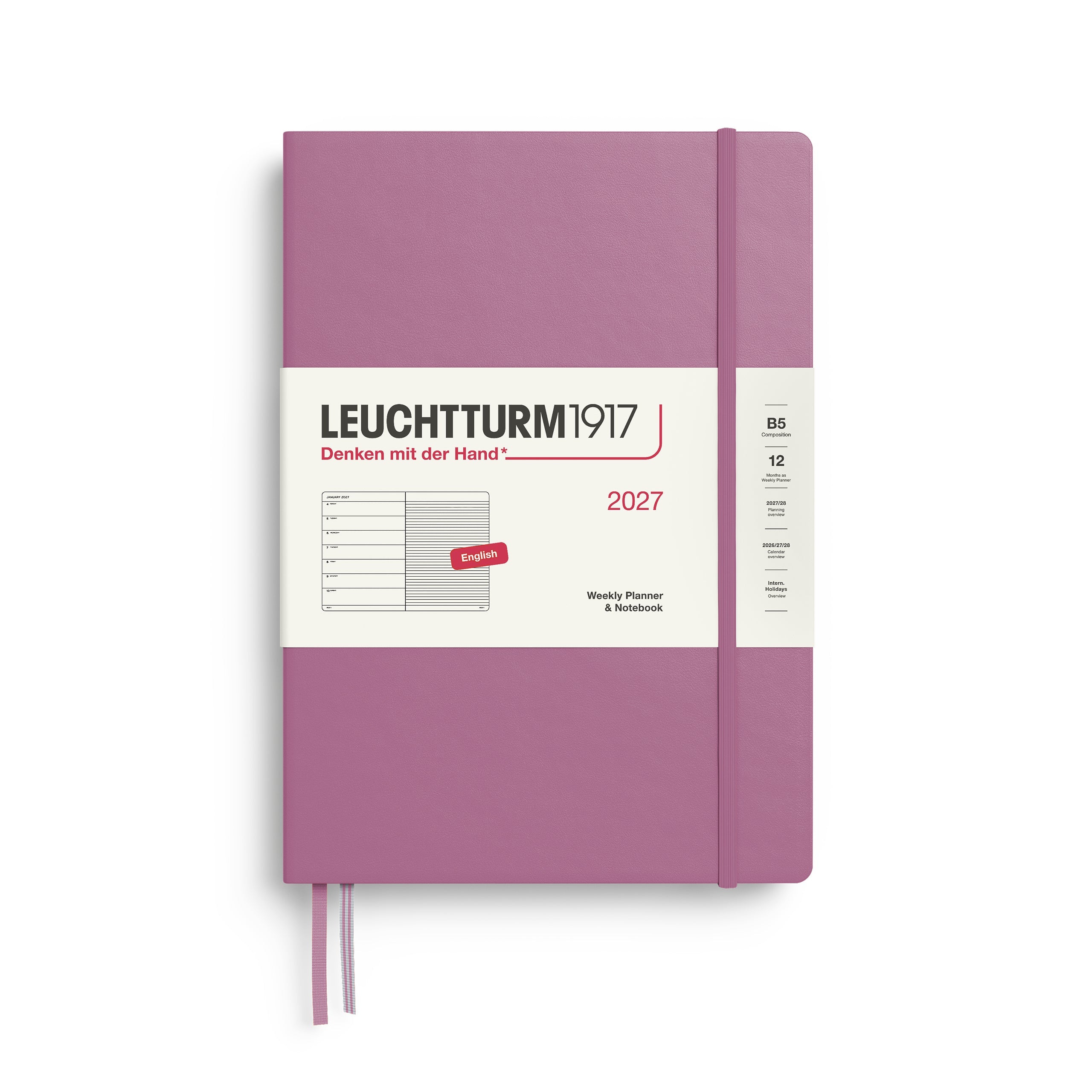 Weekly Planner & Notebook 2027, 12 Months, Ruled, English – Composition (B5) Hardcover Dusty Rose