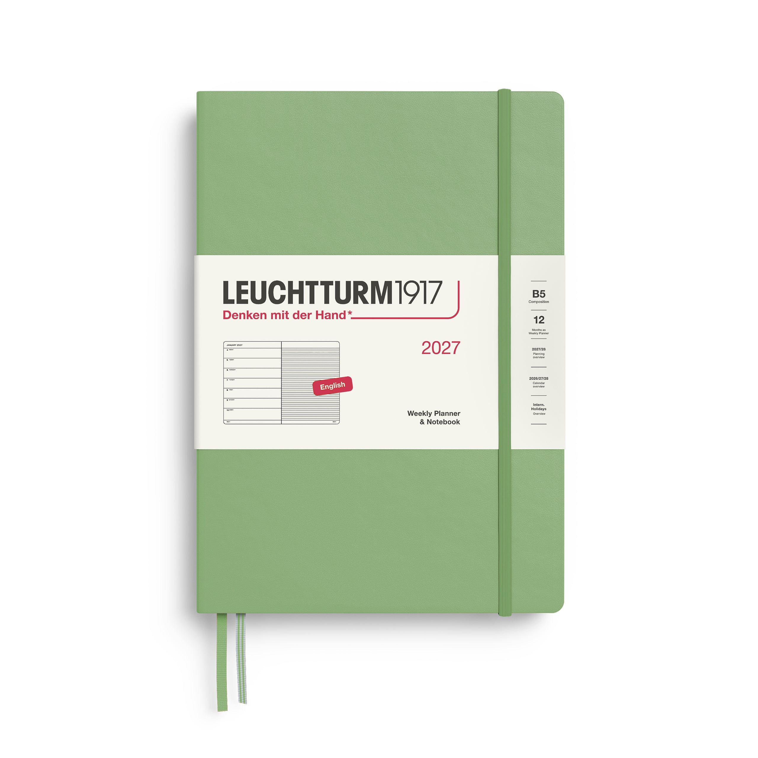 Weekly Planner & Notebook 2027, 12 Months, Ruled, English – Composition (B5) Hardcover Sage