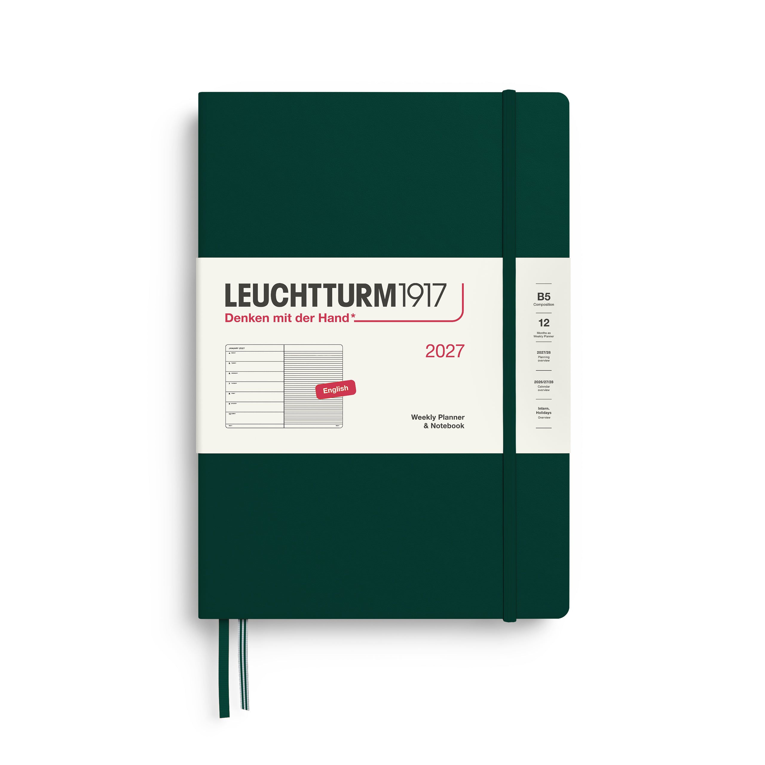 Weekly Planner & Notebook 2027, 12 Months, Ruled, English – Composition (B5) Hardcover Forest Green
