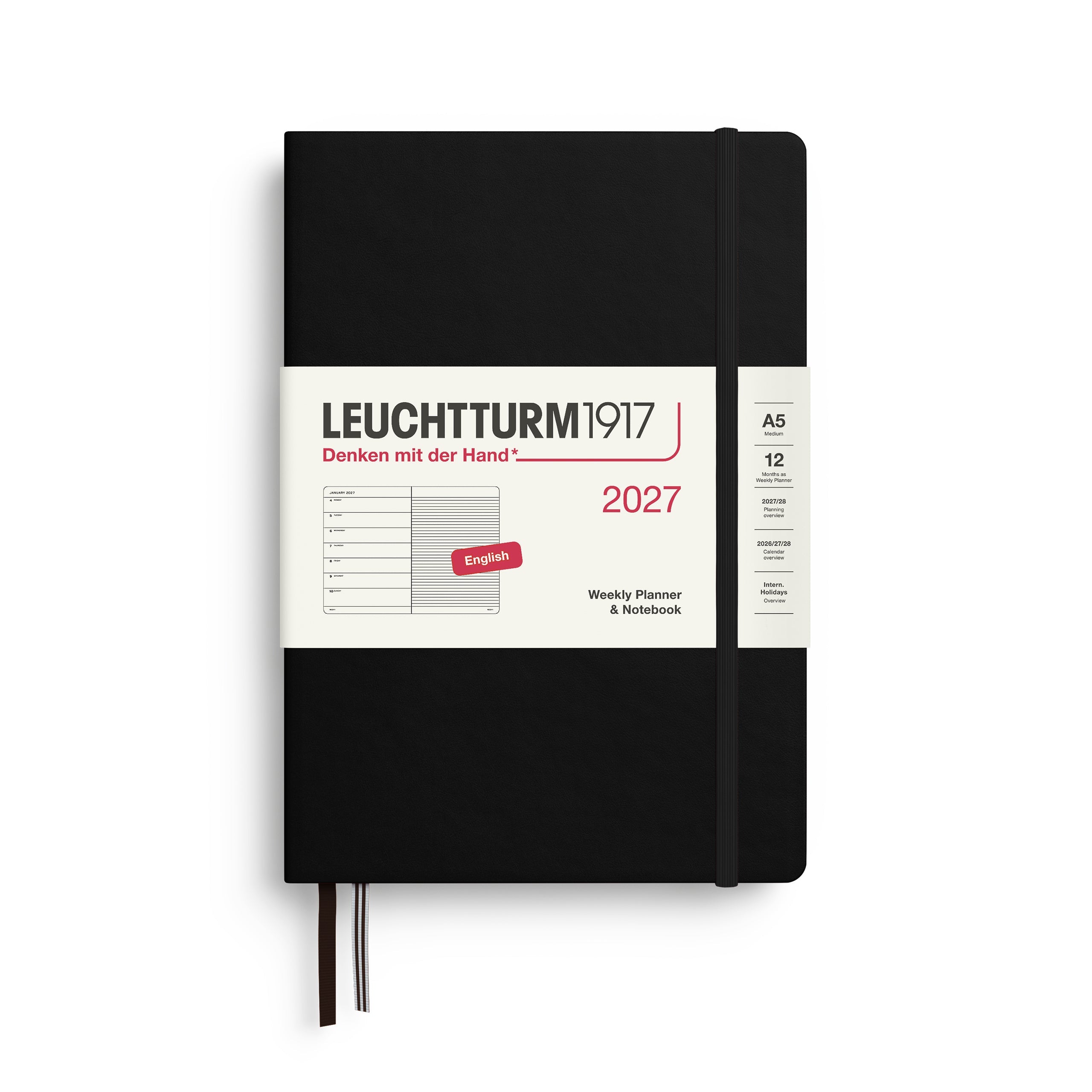 Weekly Planner & Notebook 2027, 12 Months, Ruled, English – Medium (A5) Hardcover Black