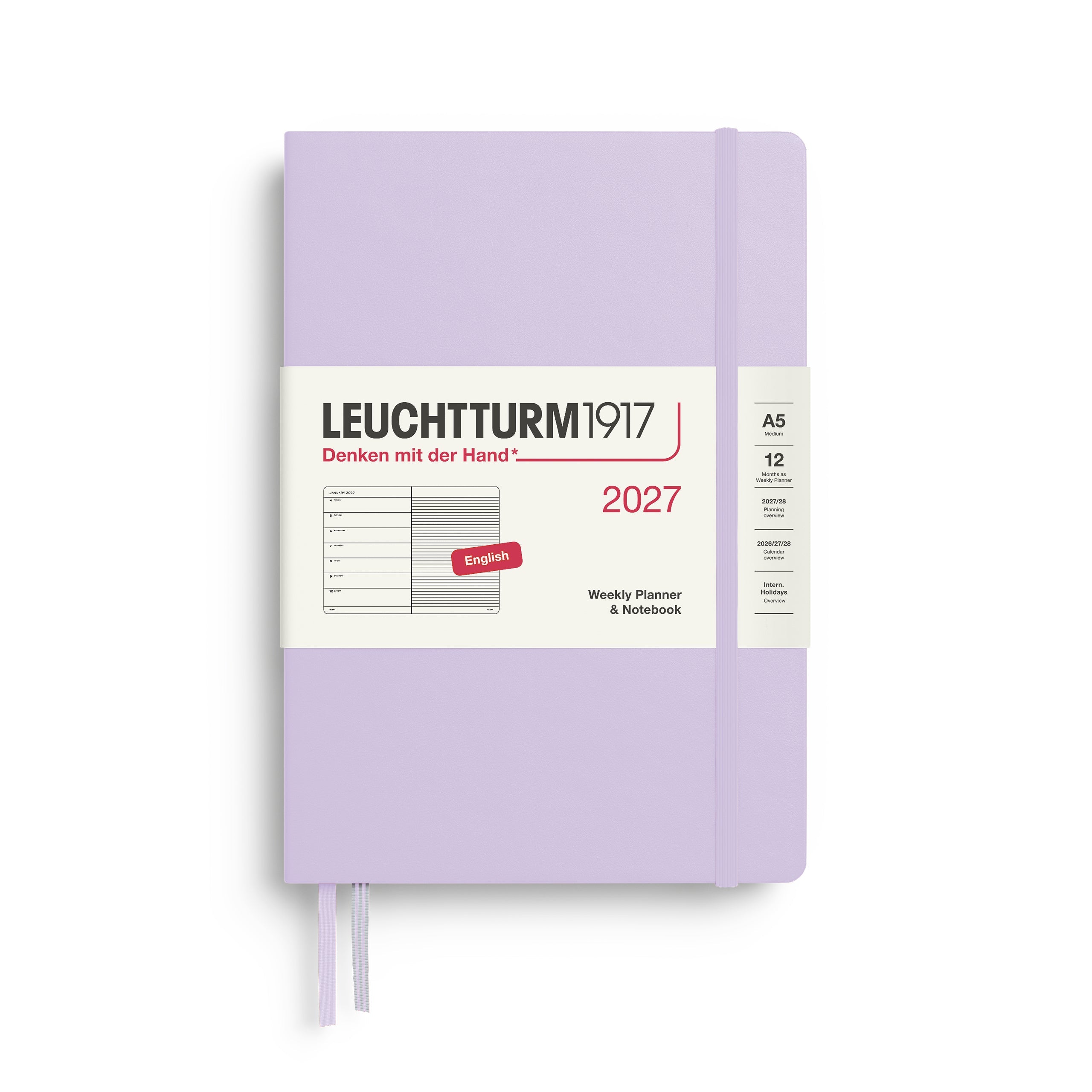 Weekly Planner & Notebook 2027, 12 Months, Ruled, English – Medium (A5) Hardcover Lilac