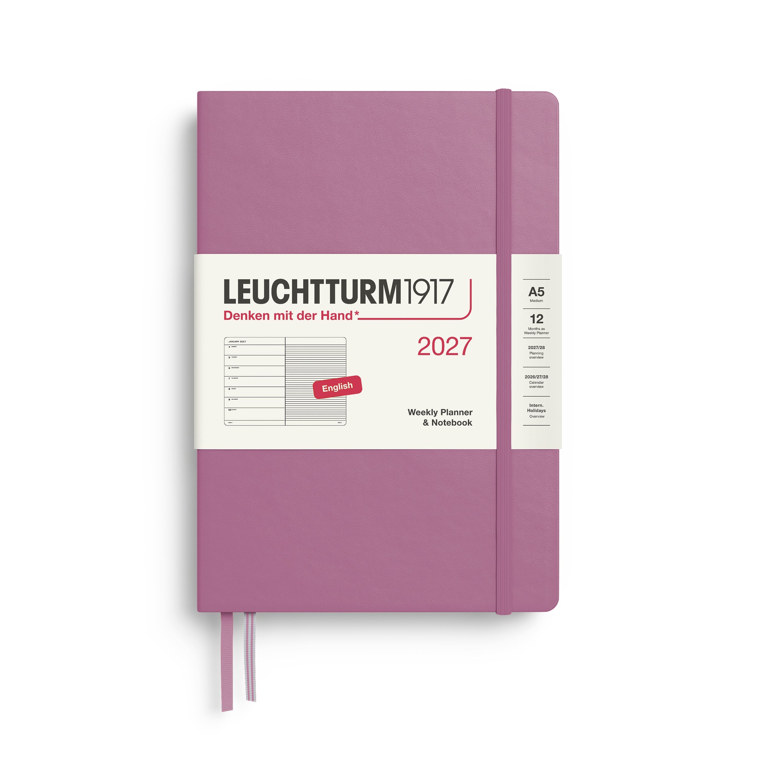 Weekly Planner & Notebook 2027, 12 Months, Ruled, English – Medium (A5) Hardcover Dusty Rose