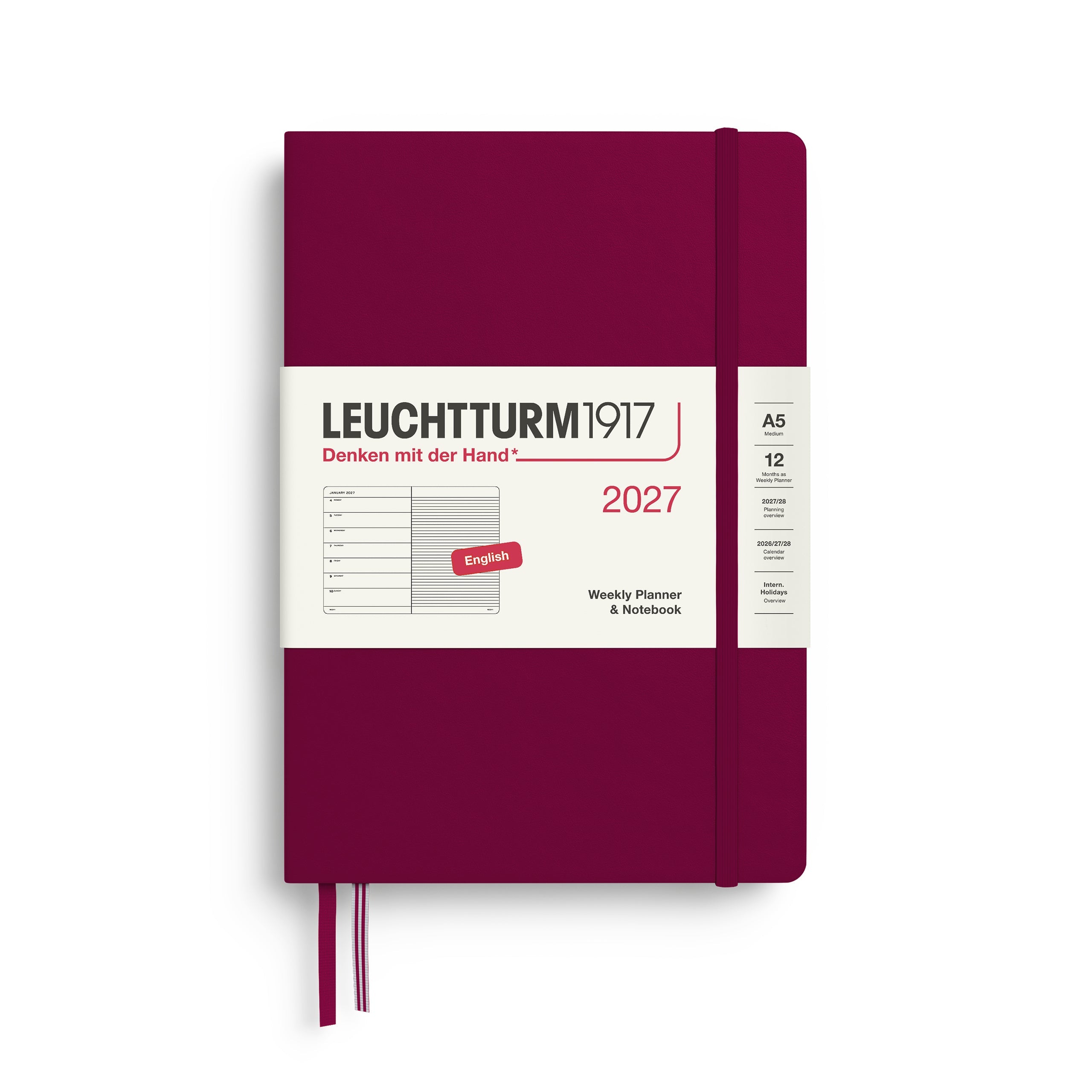 Weekly Planner & Notebook 2027, 12 Months, Ruled, English – Medium (A5) Hardcover Port Red