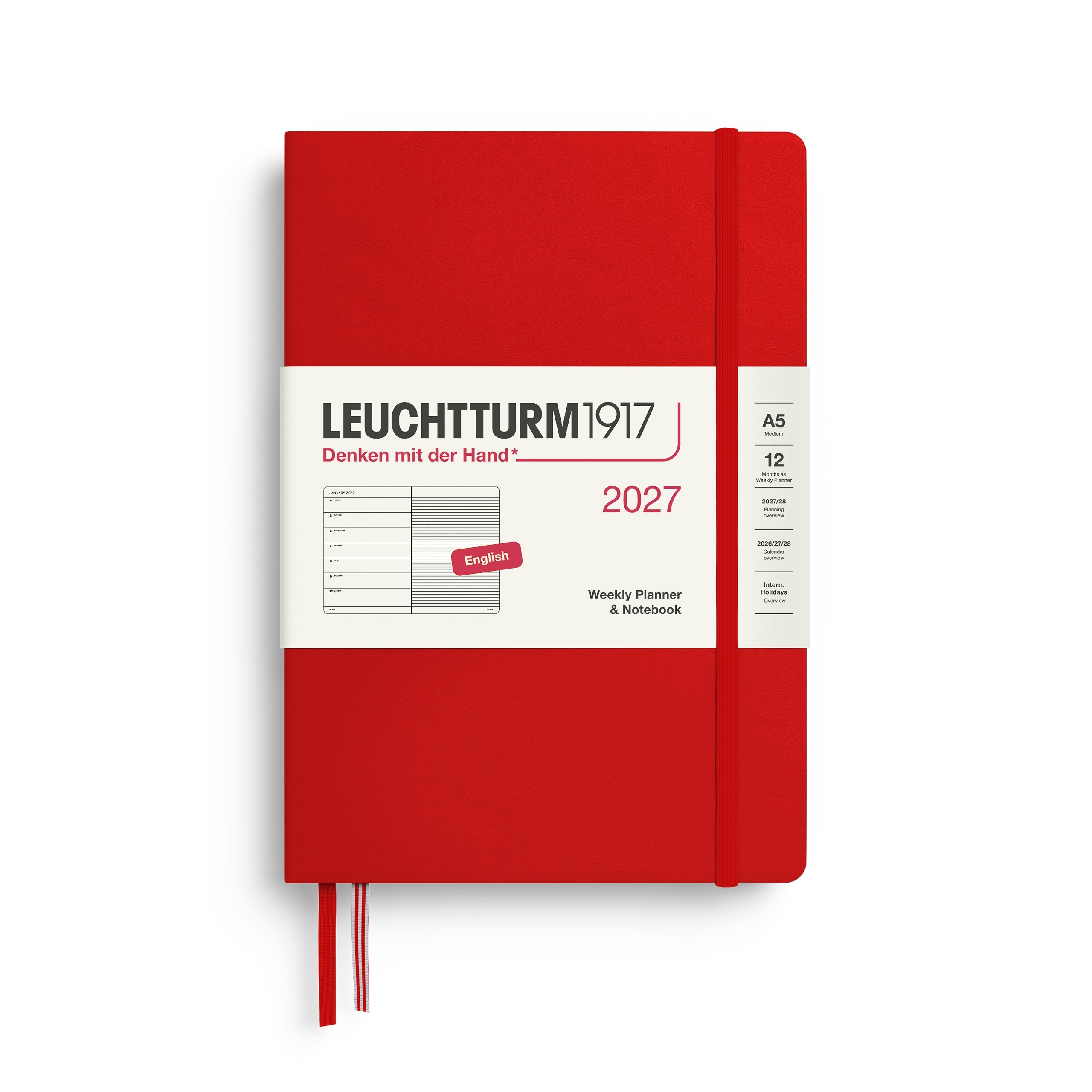 Weekly Planner & Notebook 2027, 12 Months, Ruled, English – Medium (A5) Hardcover Cherry