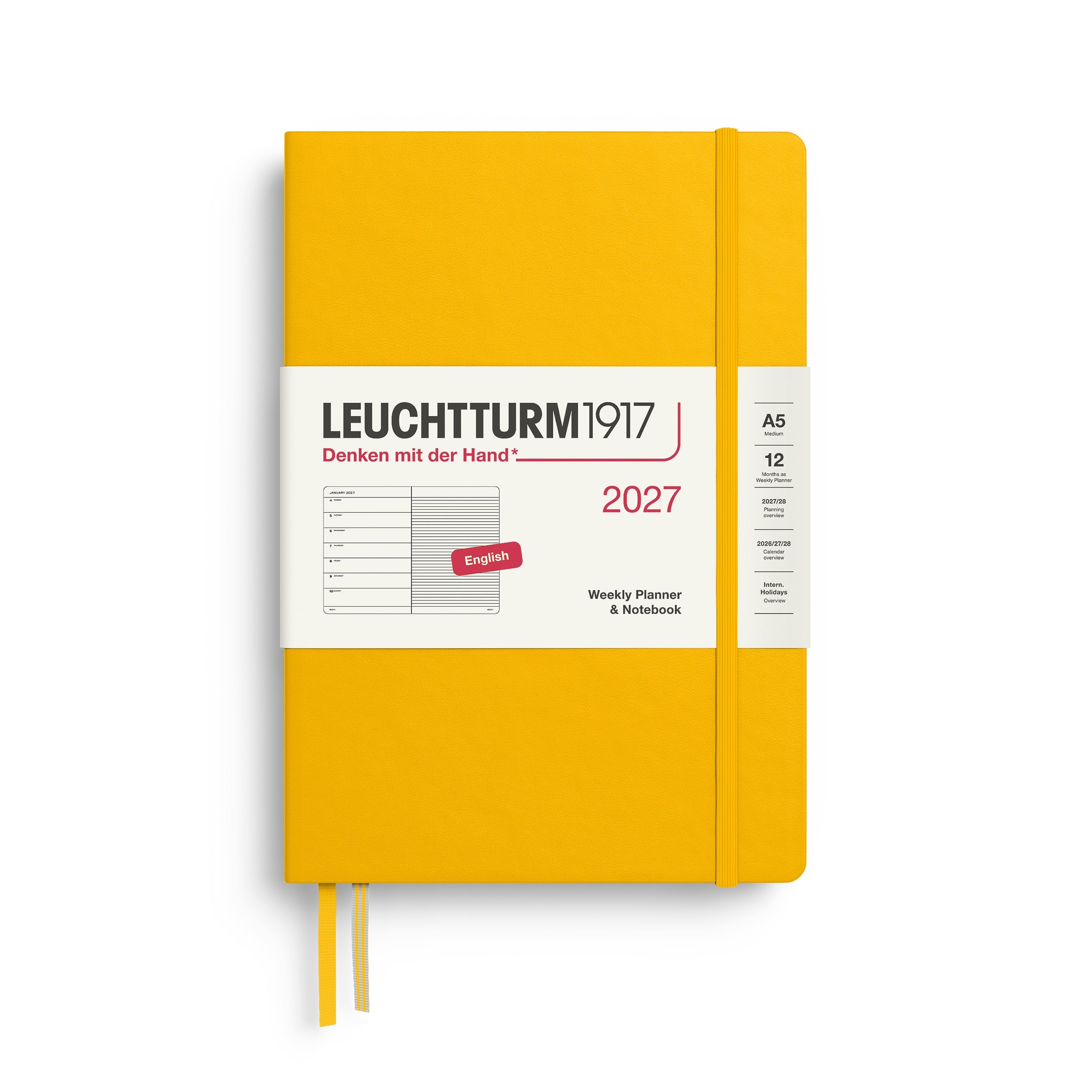 Weekly Planner & Notebook 2027, 12 Months, Ruled, English – Medium (A5) Hardcover Sunflower