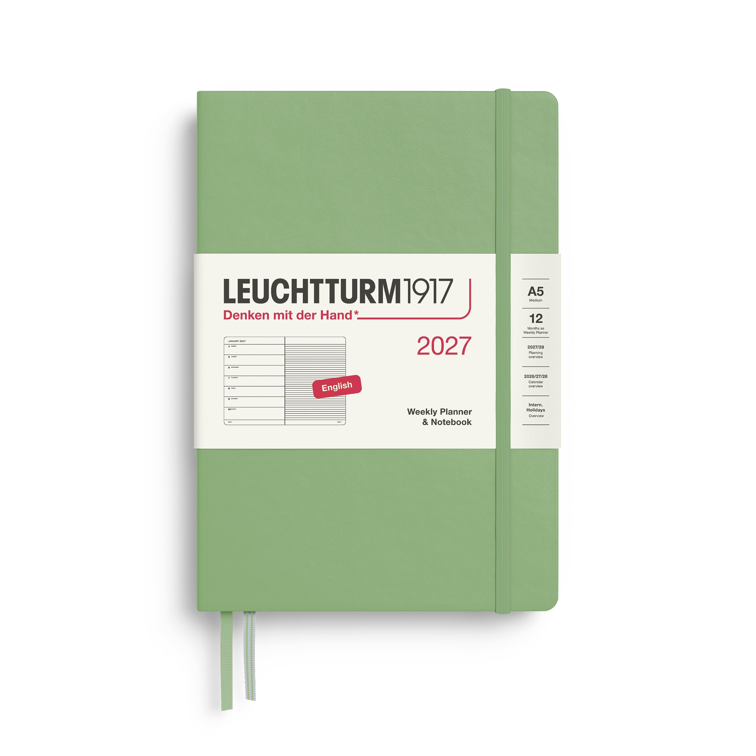 Weekly Planner & Notebook 2027, 12 Months, Ruled, English – Medium (A5) Hardcover Sage