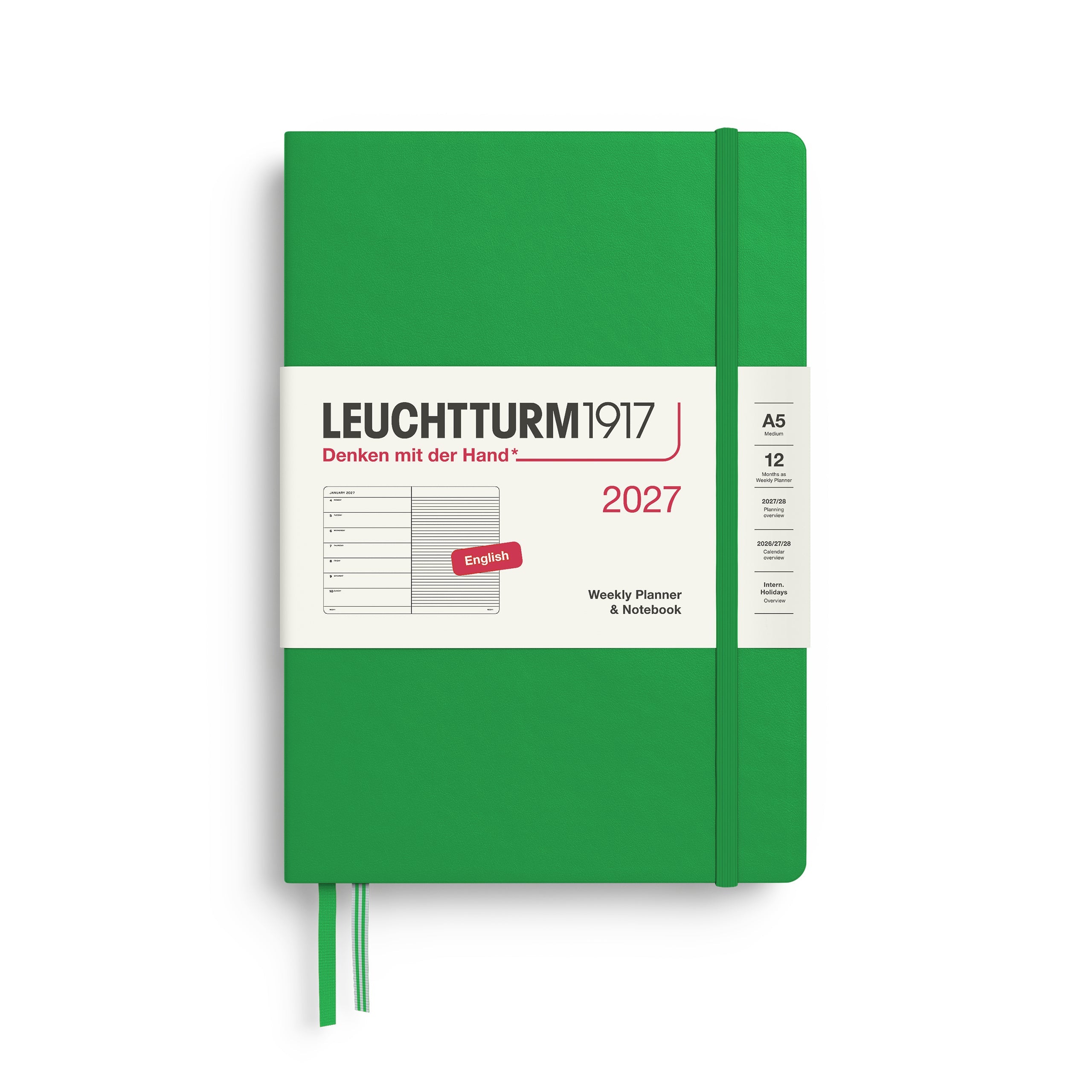Weekly Planner & Notebook 2027, 12 Months, Ruled, English – Medium (A5) Hardcover Spring Leaf