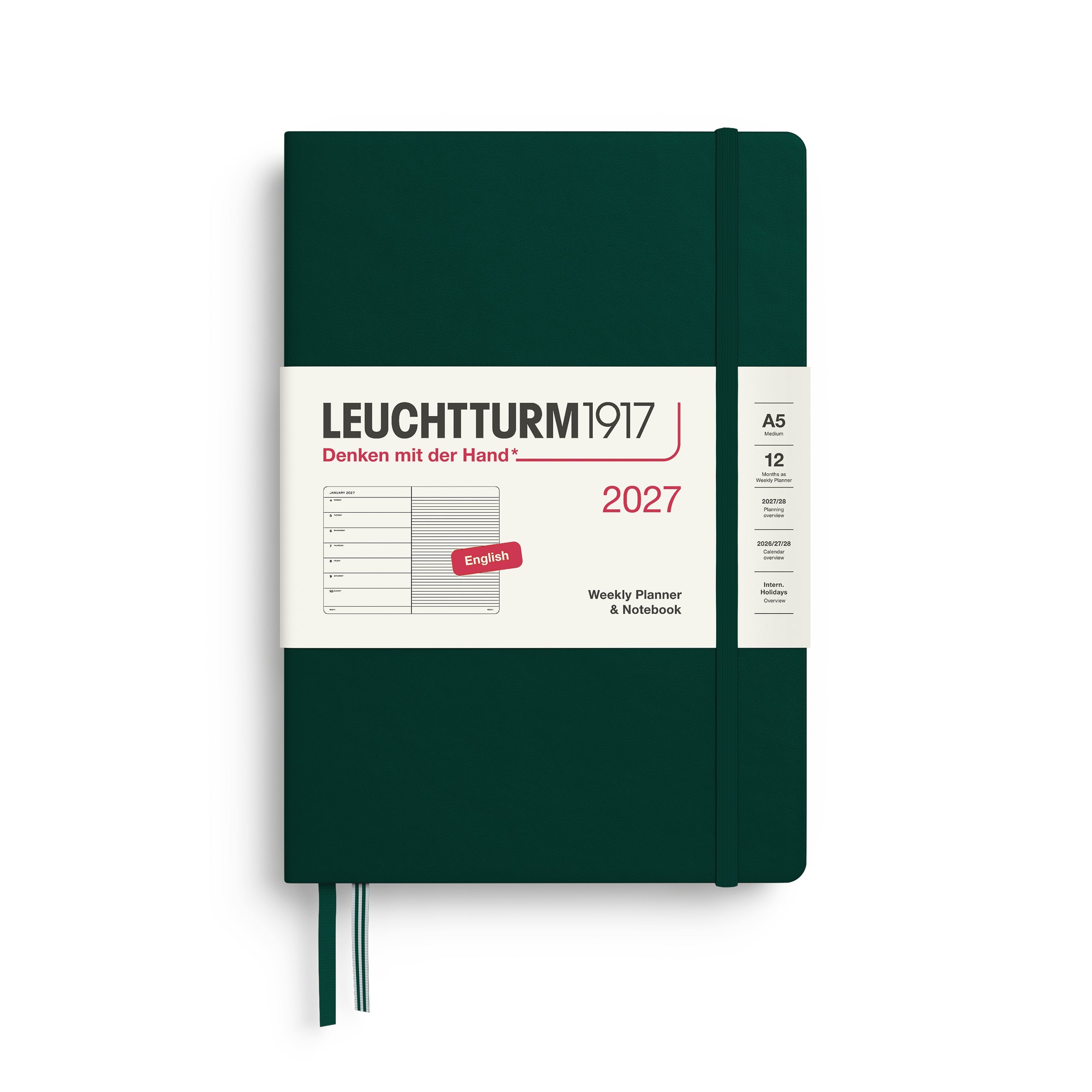 Weekly Planner & Notebook 2027, 12 Months, Ruled, English – Medium (A5) Hardcover Forest Green