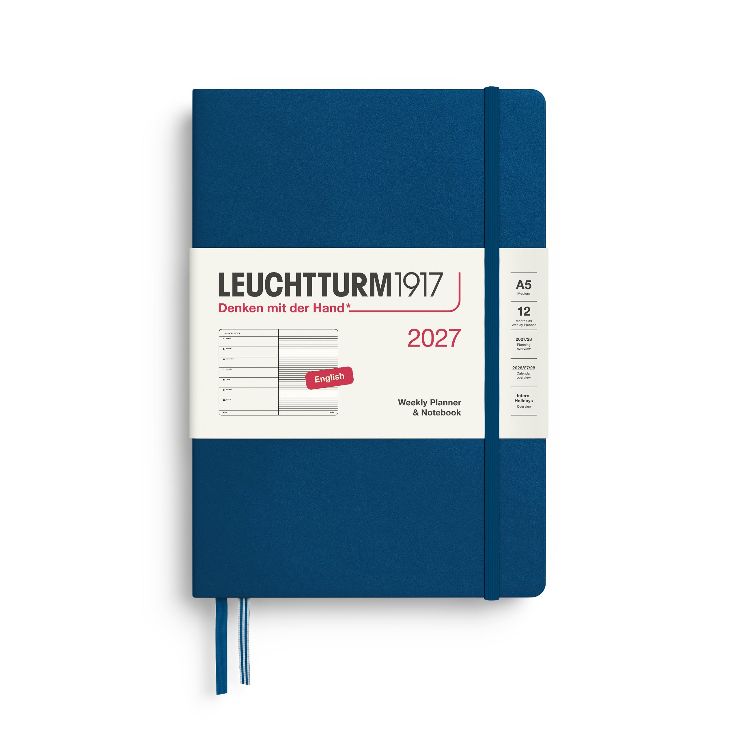 Weekly Planner & Notebook 2027, 12 Months, Ruled, English – Medium (A5) Hardcover Indigo