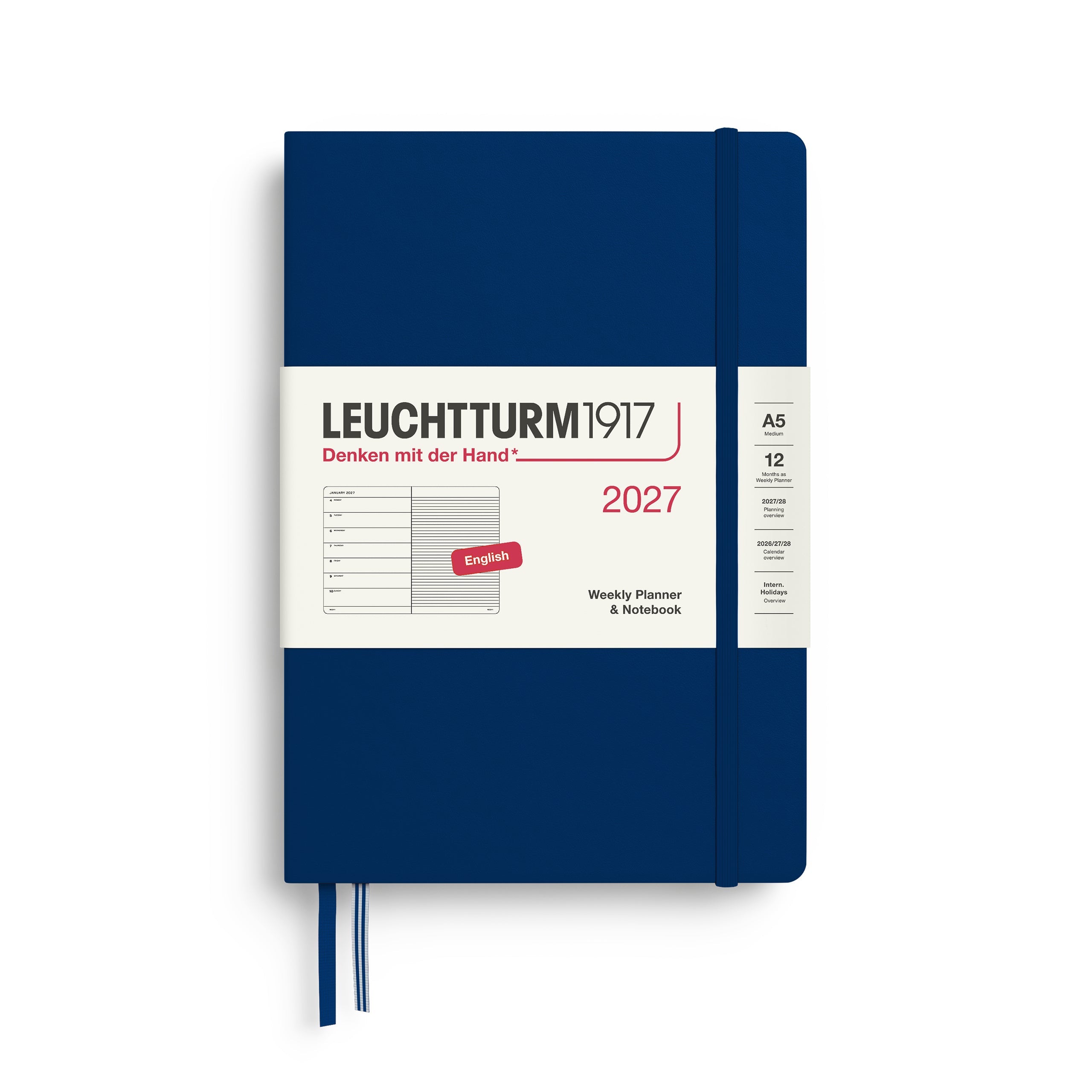 Weekly Planner & Notebook 2027, 12 Months, Ruled, English – Medium (A5) Hardcover Navy