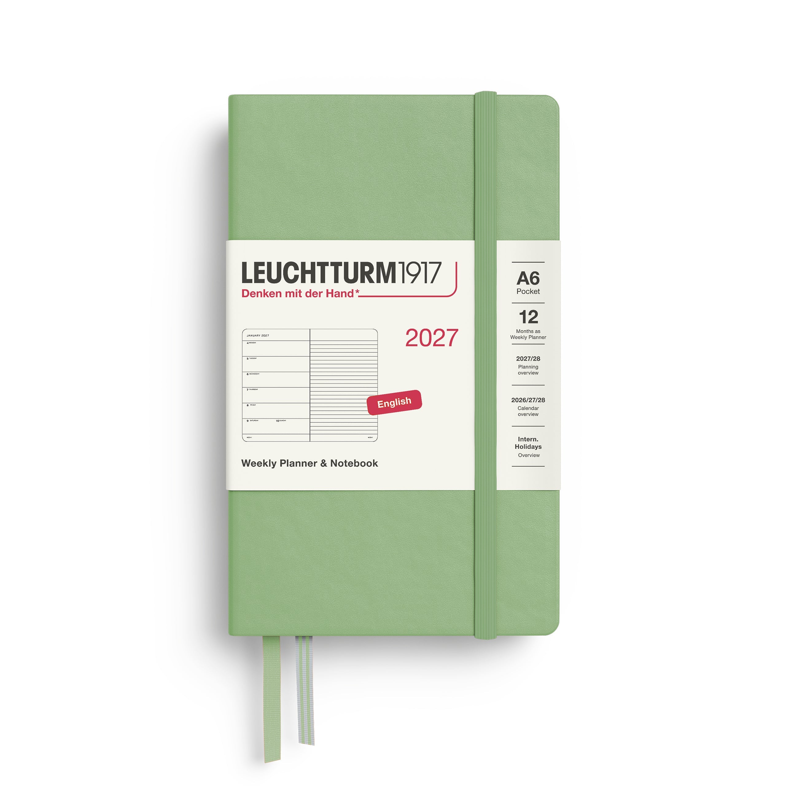 Weekly Planner & Notebook 2027, 12 Months, Ruled, English – Pocket (A6) Hardcover Sage
