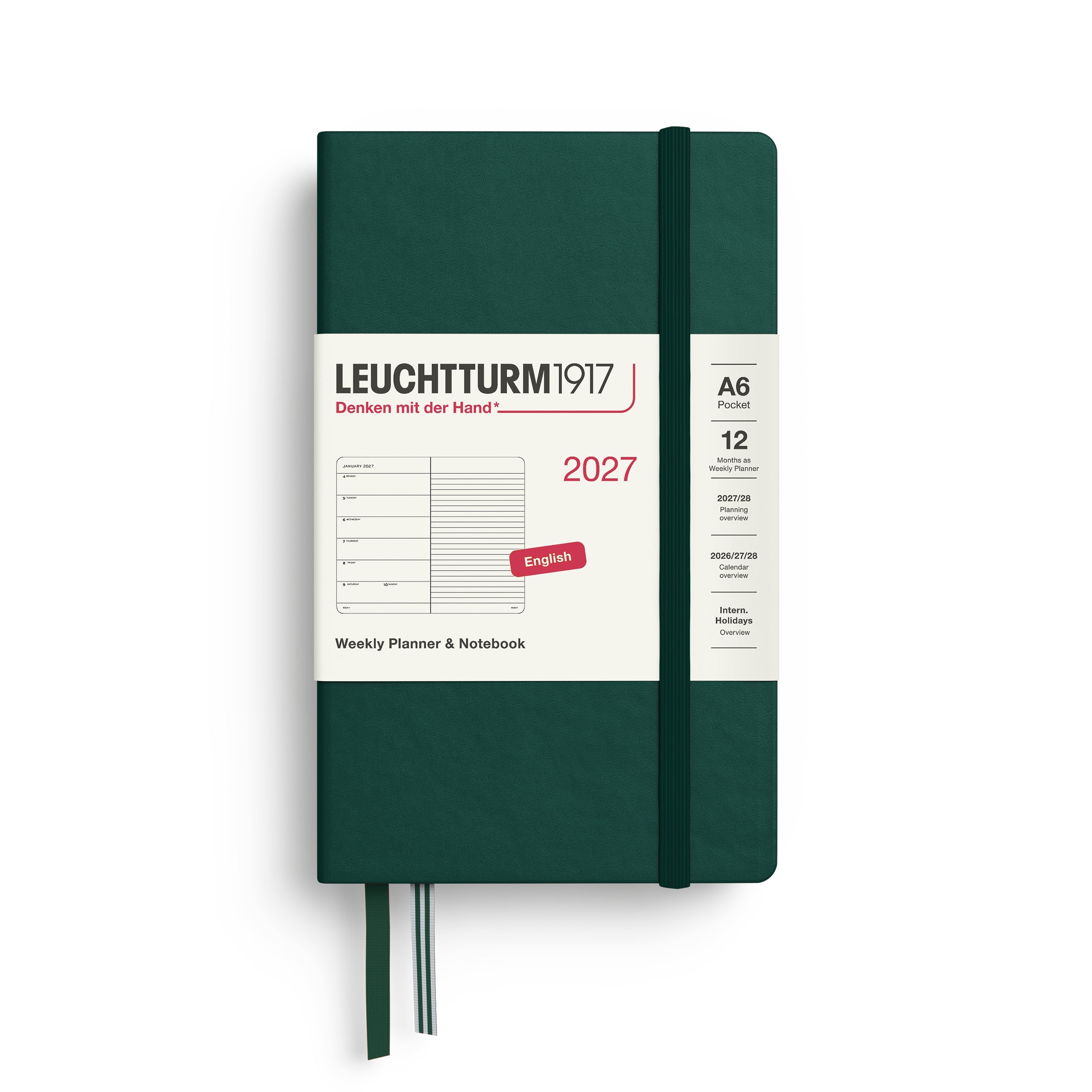 Weekly Planner & Notebook 2027, 12 Months, Ruled, English – Pocket (A6) Hardcover Forest Green