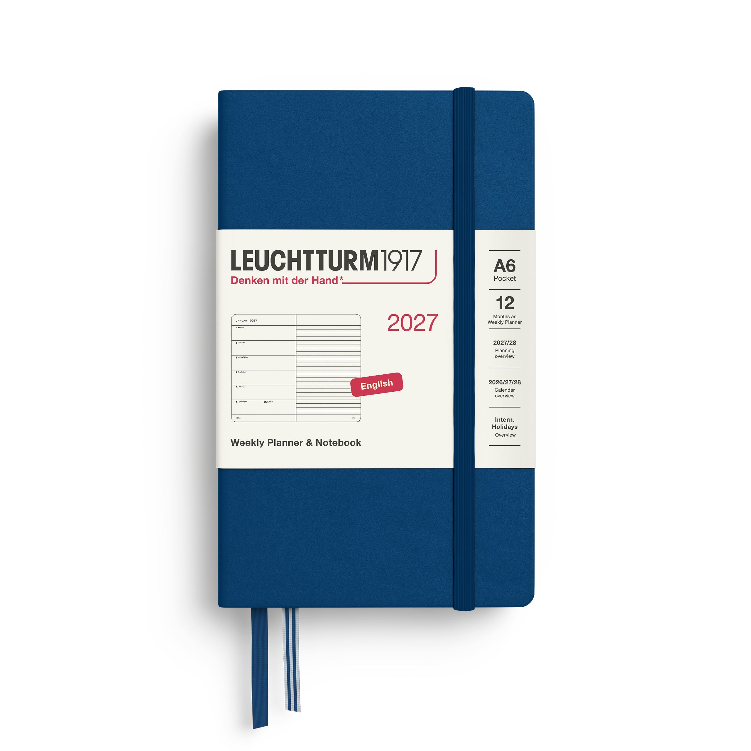 Weekly Planner & Notebook 2027, 12 Months, Ruled, English – Pocket (A6) Hardcover Indigo