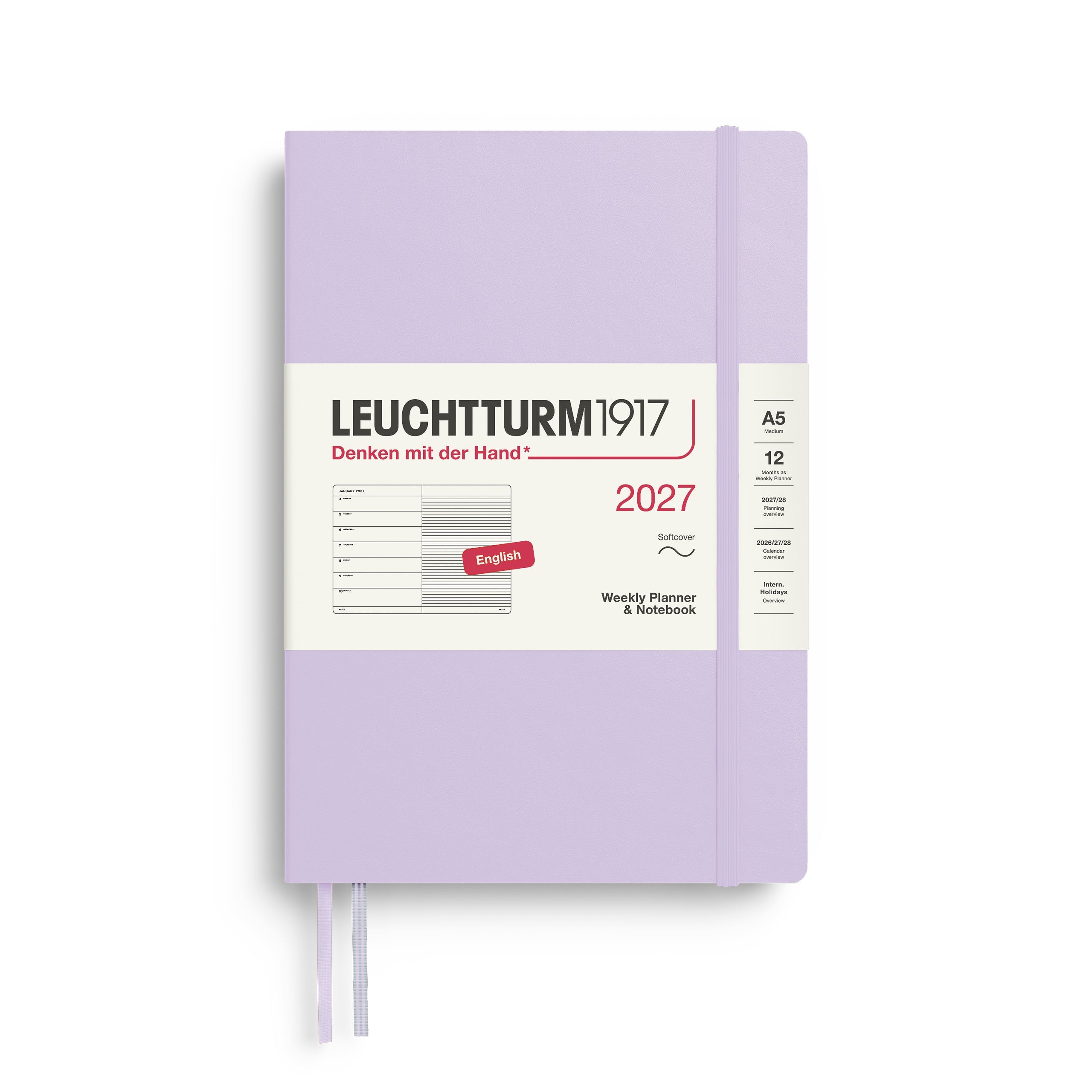 Weekly Planner & Notebook 2027, 12 Months, Ruled, English – Medium (A5) Softcover Lilac