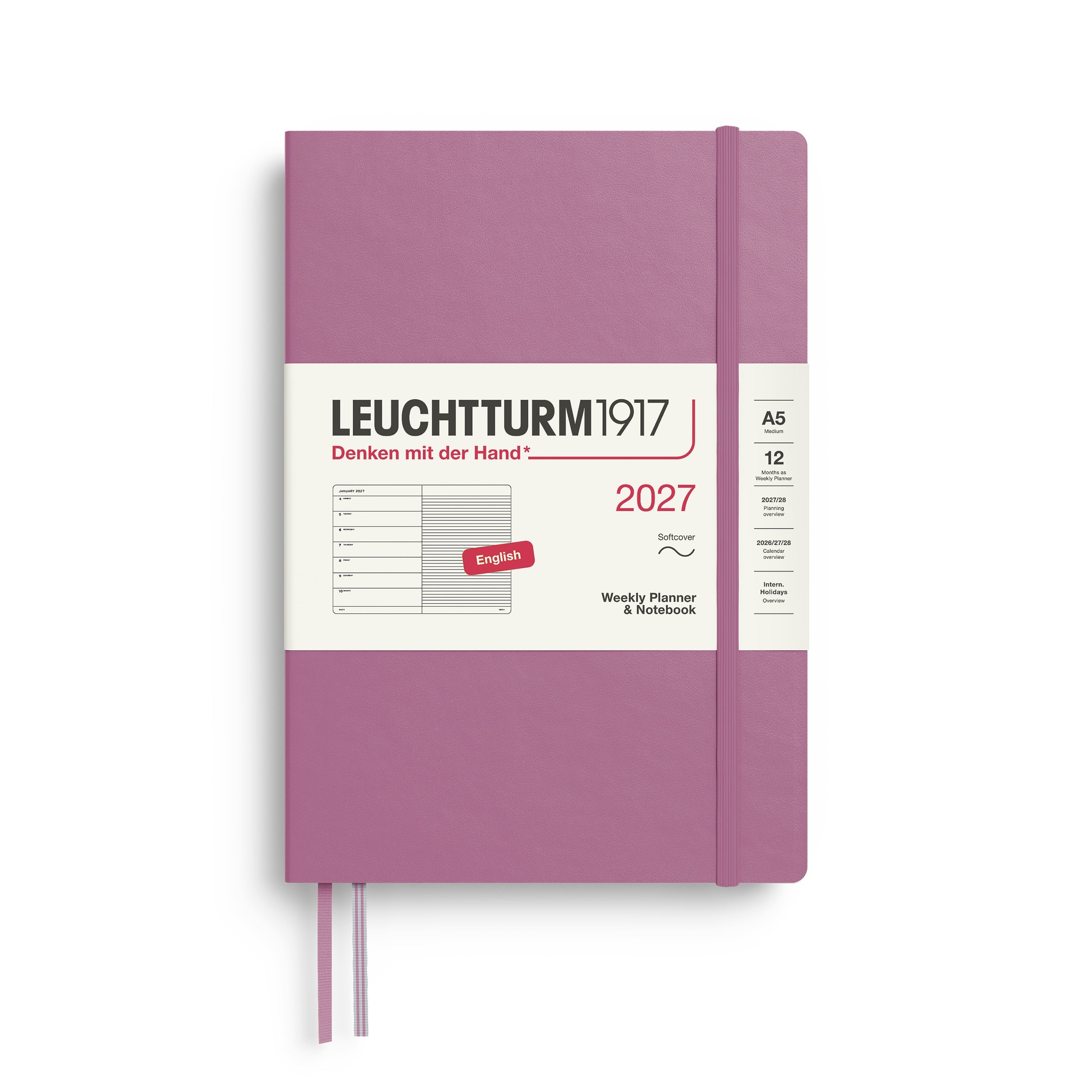 Weekly Planner & Notebook 2027, 12 Months, Ruled, English – Medium (A5) Softcover Dusty Rose