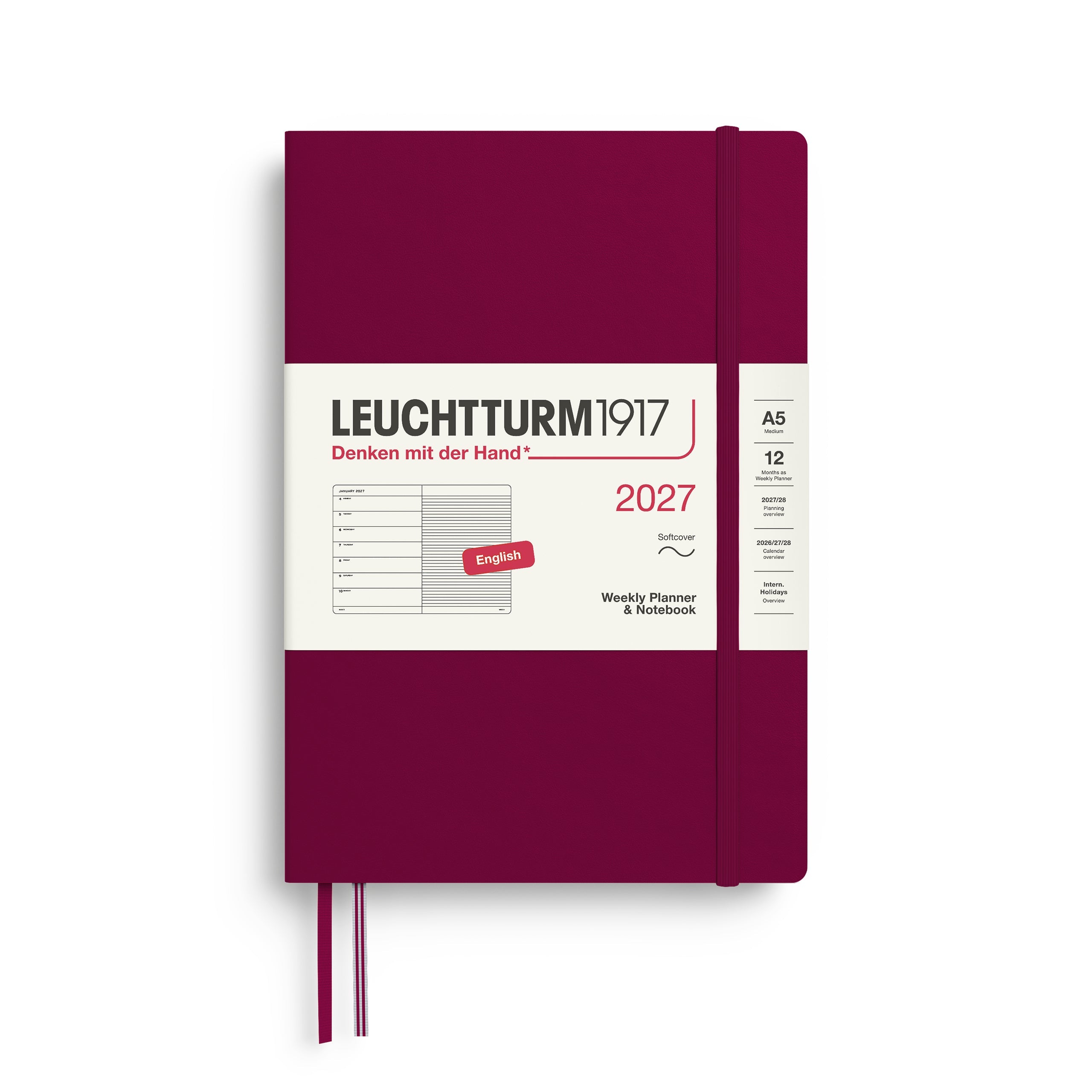Weekly Planner & Notebook 2027, 12 Months, Ruled, English – Medium (A5) Softcover Port Red