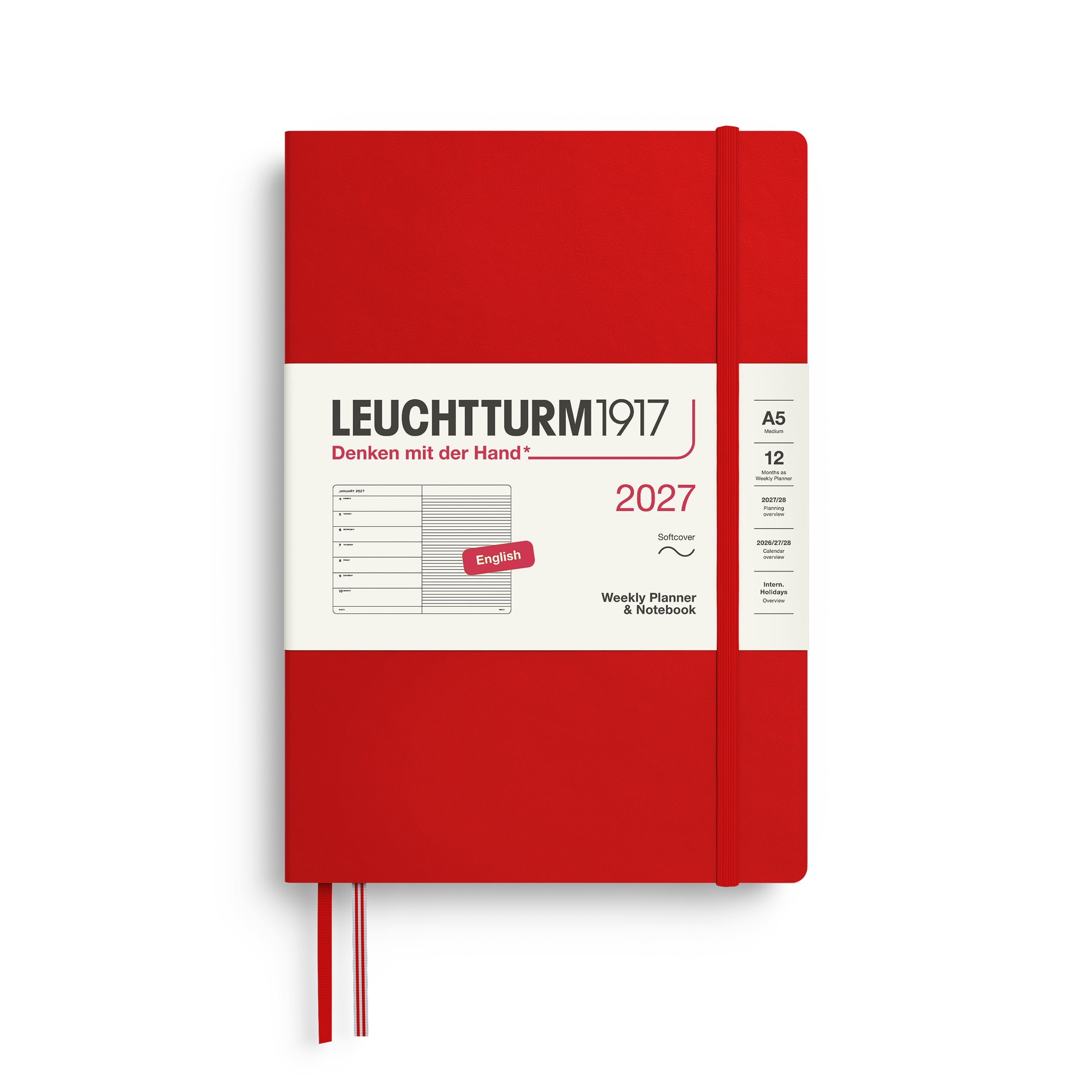 Weekly Planner & Notebook 2027, 12 Months, Ruled, English – Medium (A5) Softcover Cherry