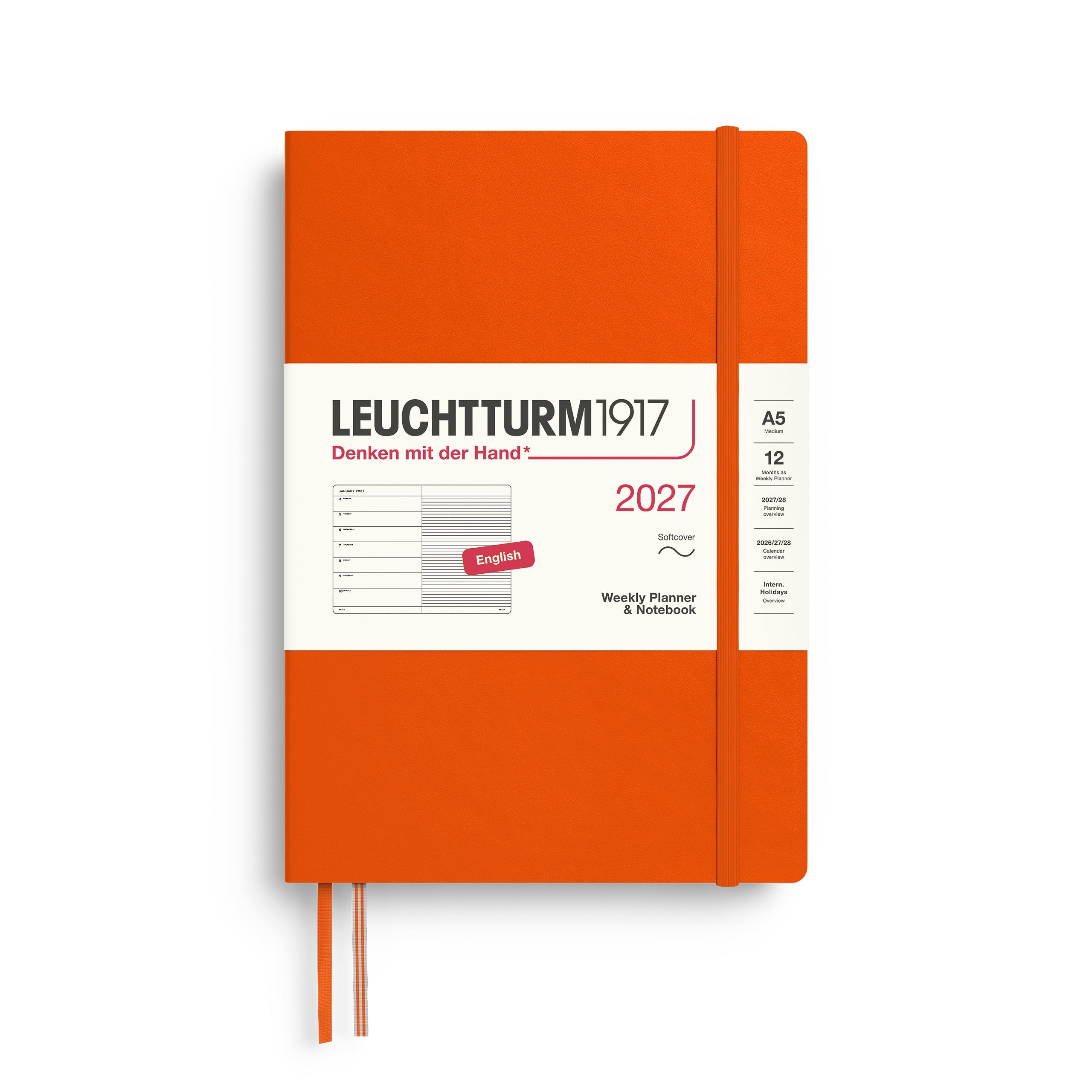 Weekly Planner & Notebook 2027, 12 Months, Ruled, English – Medium (A5) Softcover Pumpkin