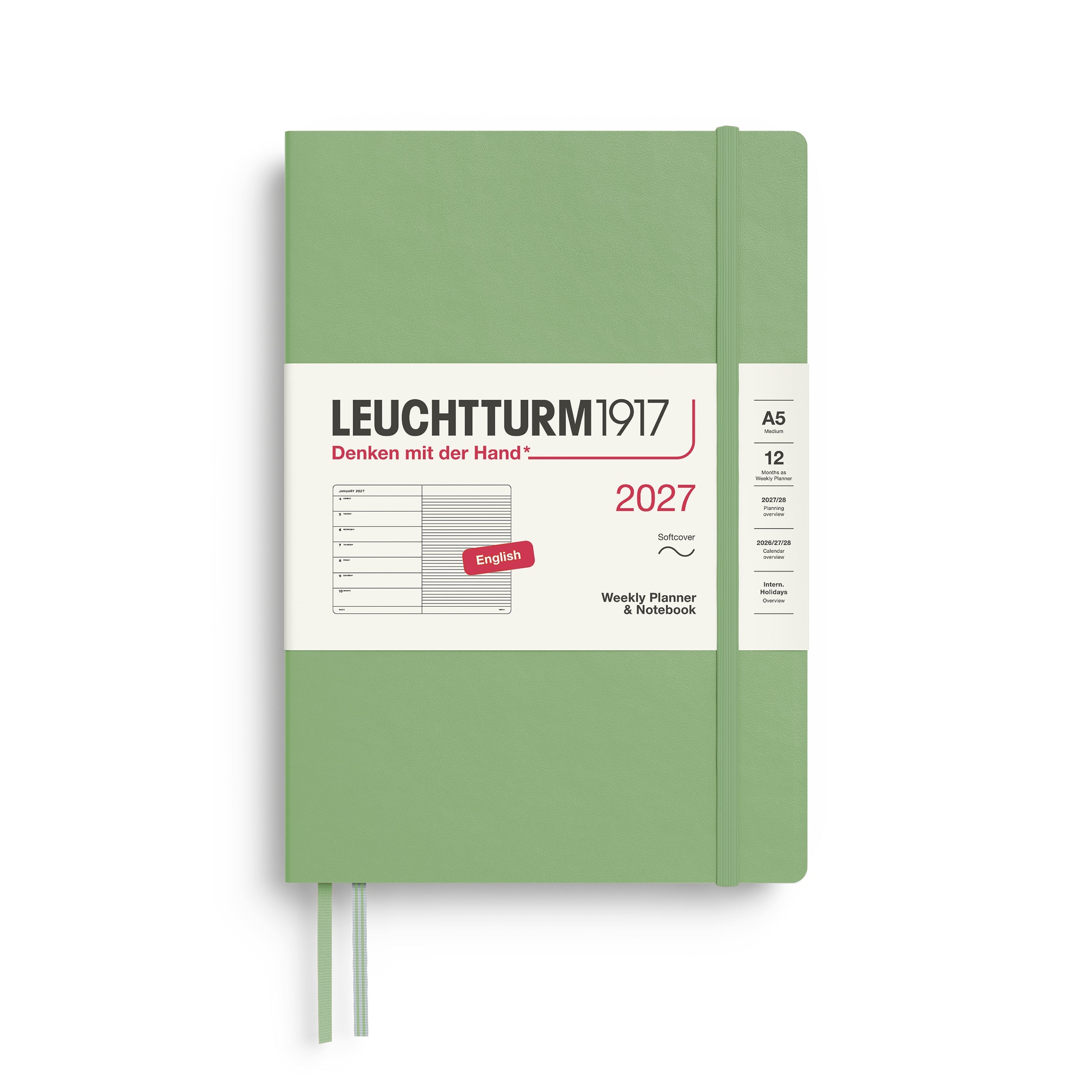 Weekly Planner & Notebook 2027, 12 Months, Ruled, English – Medium (A5) Softcover Sage