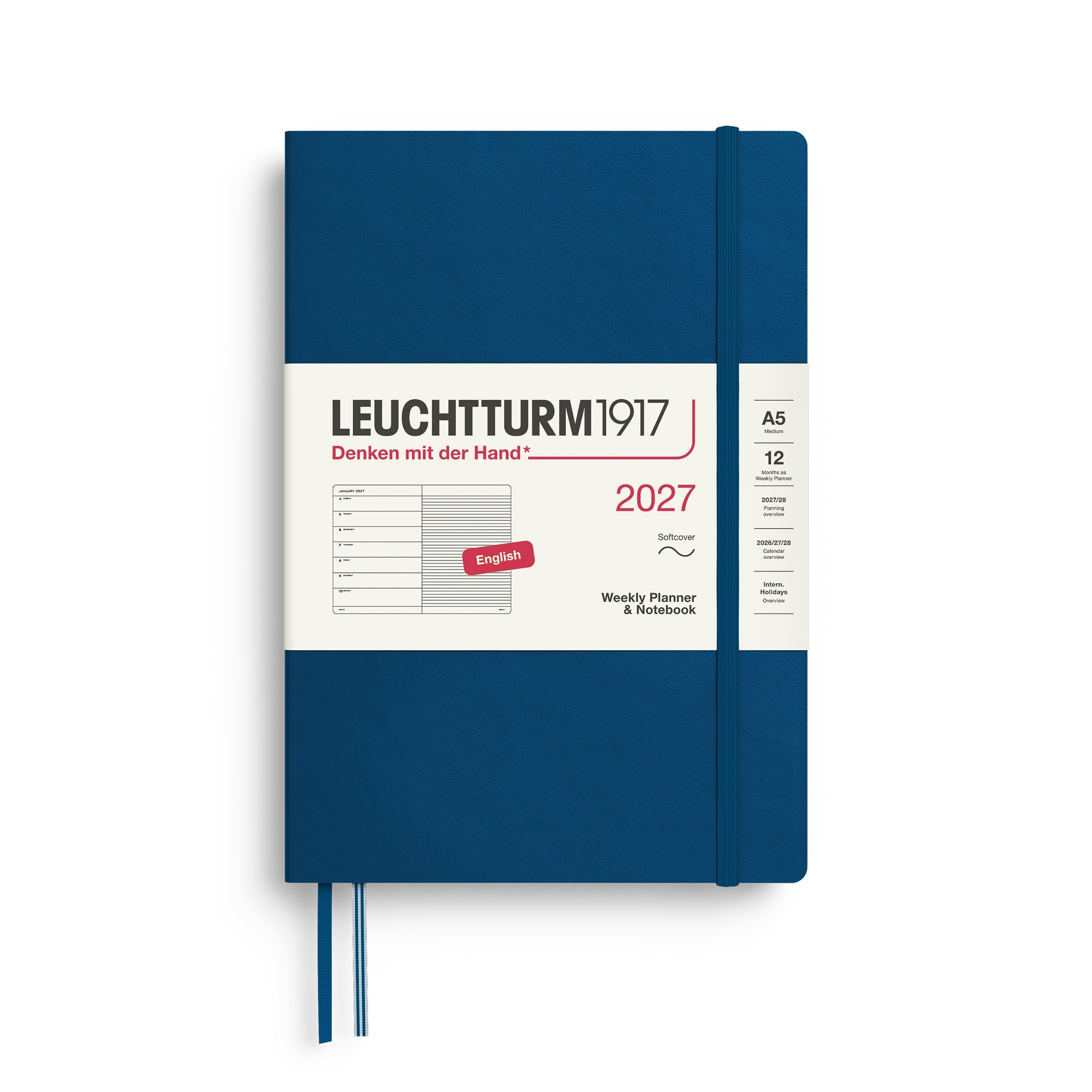Weekly Planner & Notebook 2027, 12 Months, Ruled, English – Medium (A5) Softcover Indigo