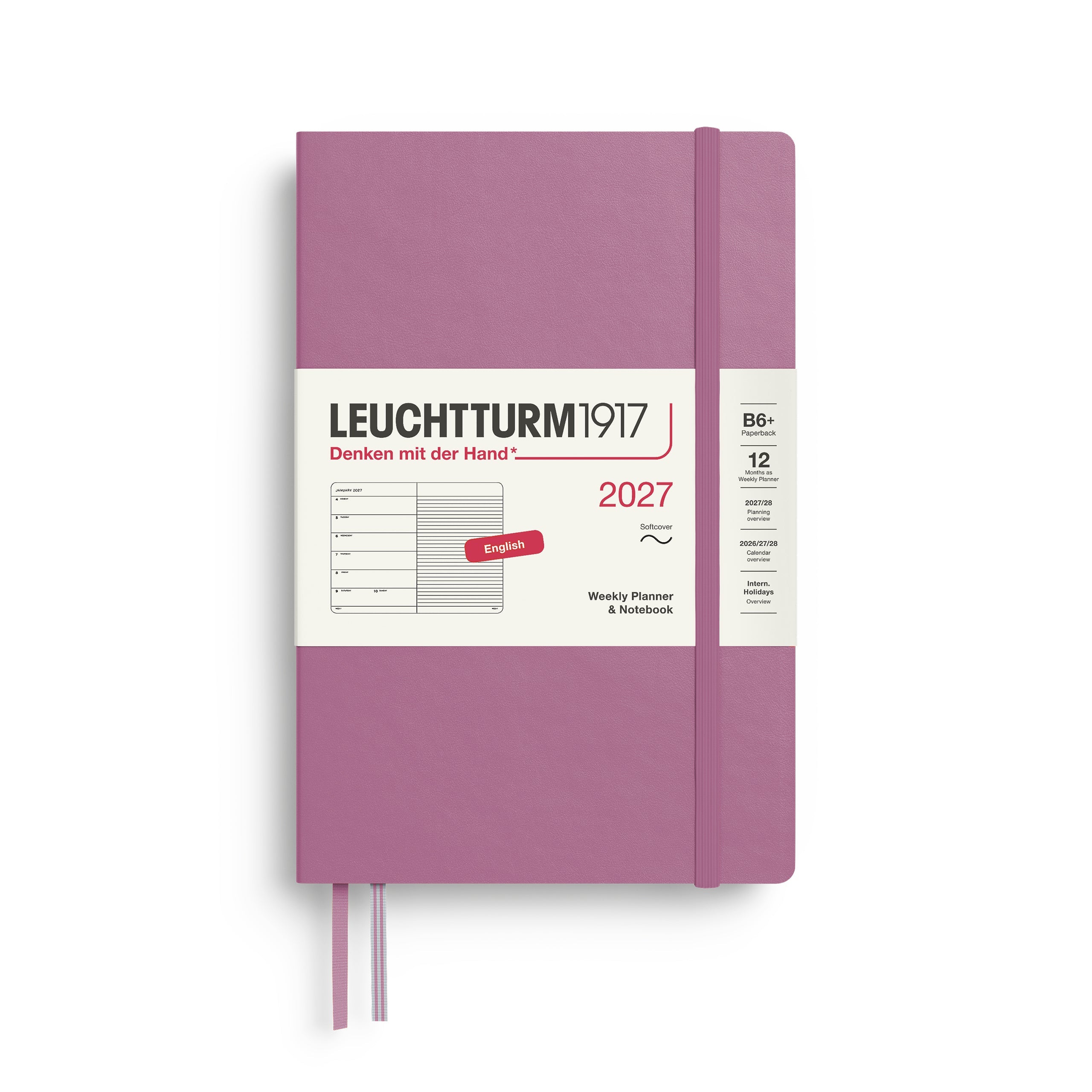 Weekly Planner & Notebook 2027, 12 Months, Ruled, English – Paperback (B6+) Softcover Dusty Rose