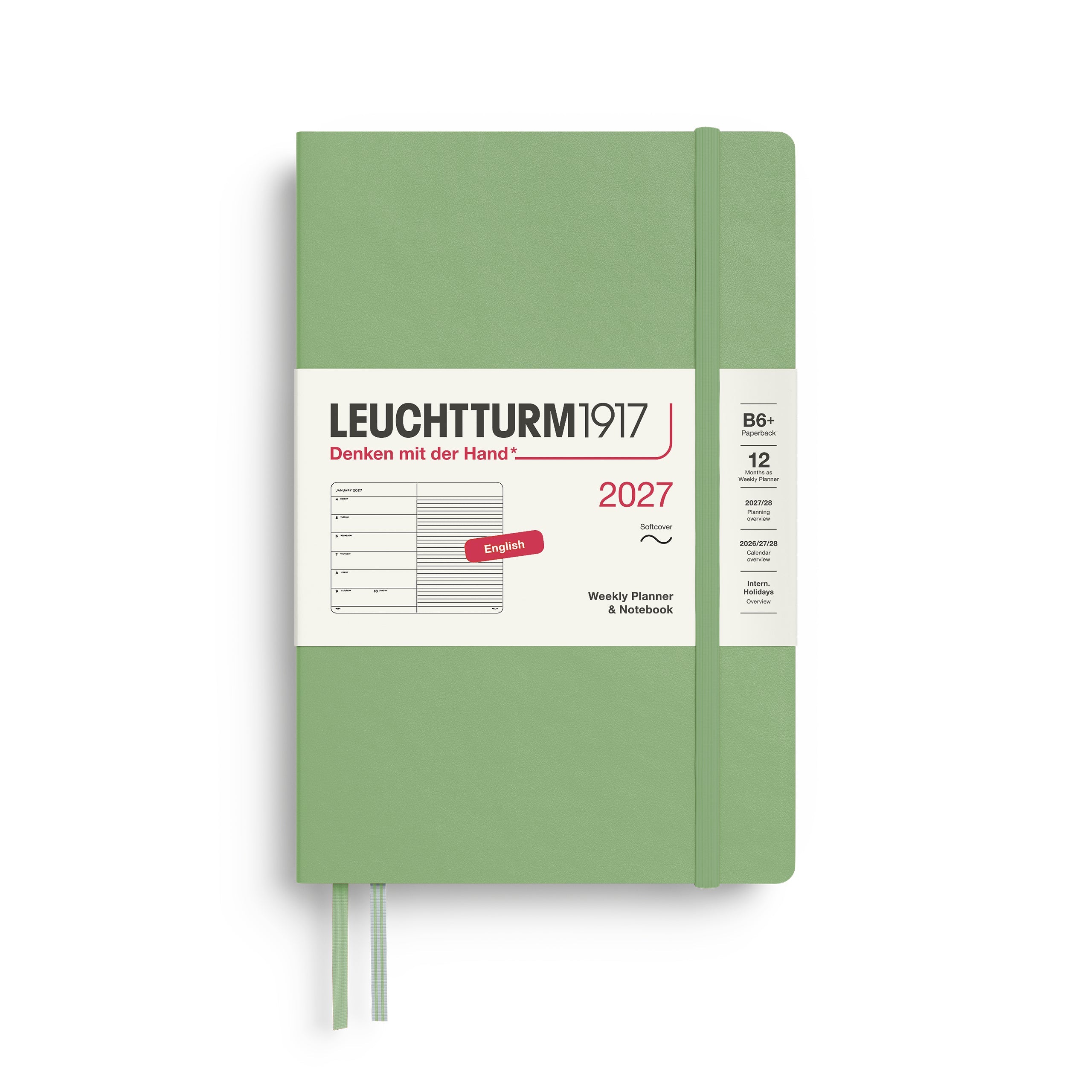 Weekly Planner & Notebook 2027, 12 Months, Ruled, English – Paperback (B6+) Softcover Sage