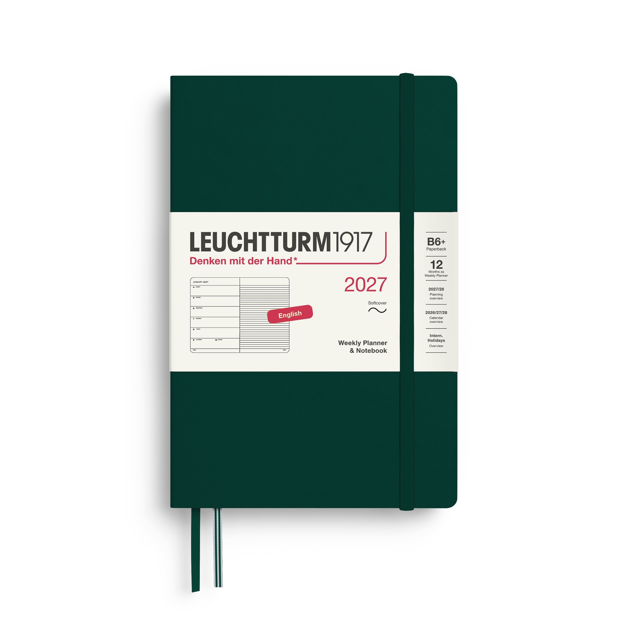 Weekly Planner & Notebook 2027, 12 Months, Ruled, English – Paperback (B6+) Softcover Forest Green