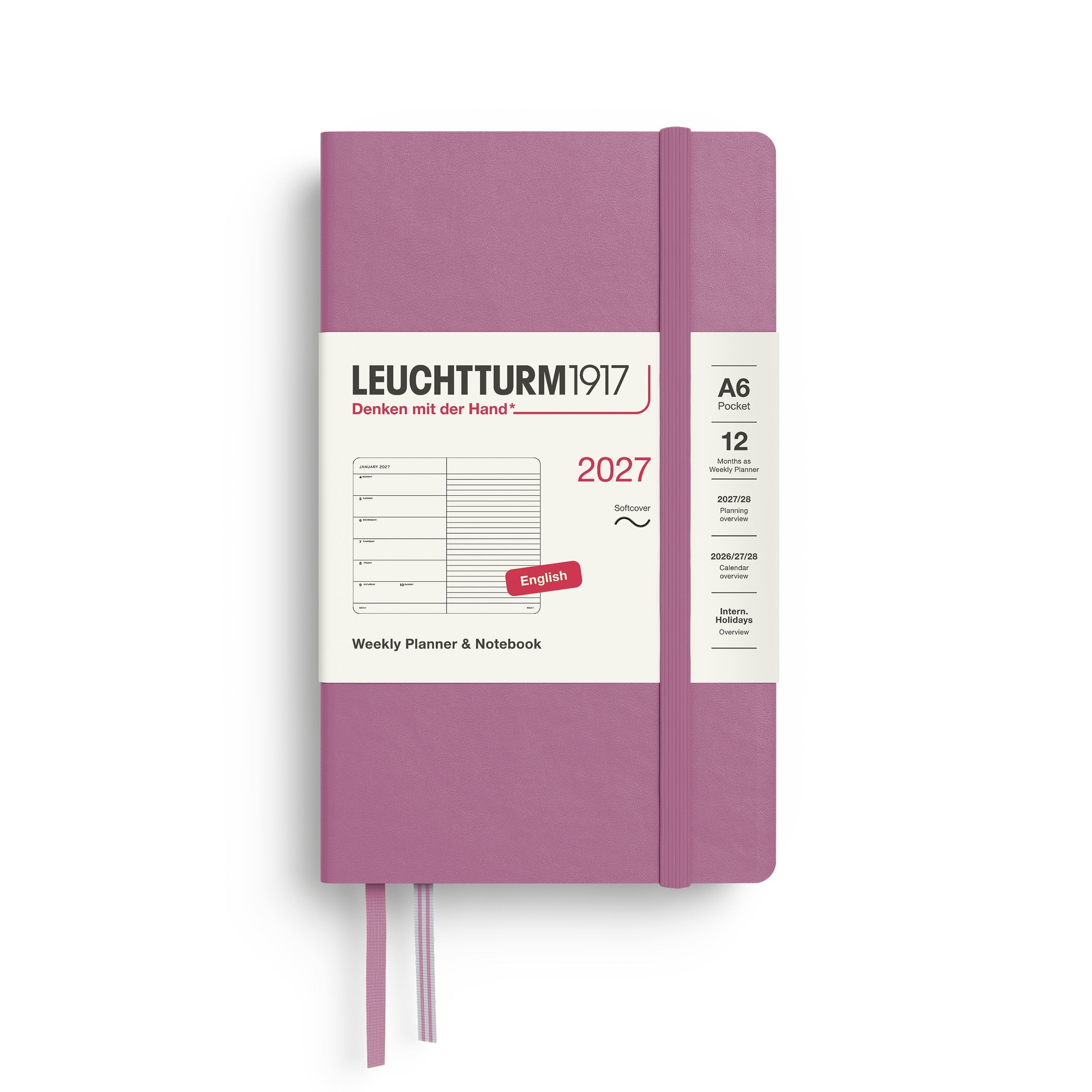 Weekly Planner & Notebook 2027, 12 Months, Ruled, English – Pocket (A6) Softcover Dusty Rose