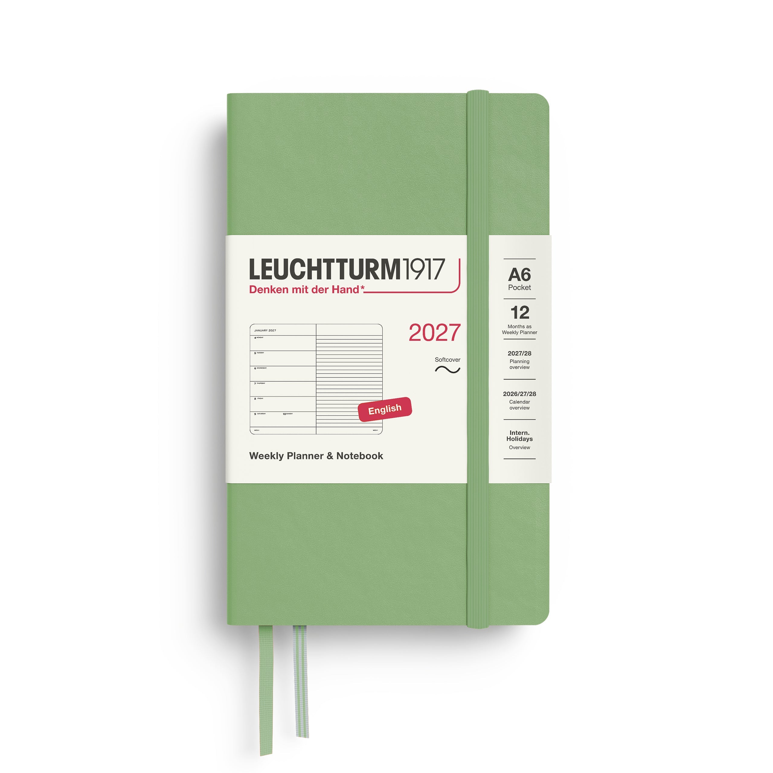 Weekly Planner & Notebook 2027, 12 Months, Ruled, English – Pocket (A6) Softcover Sage