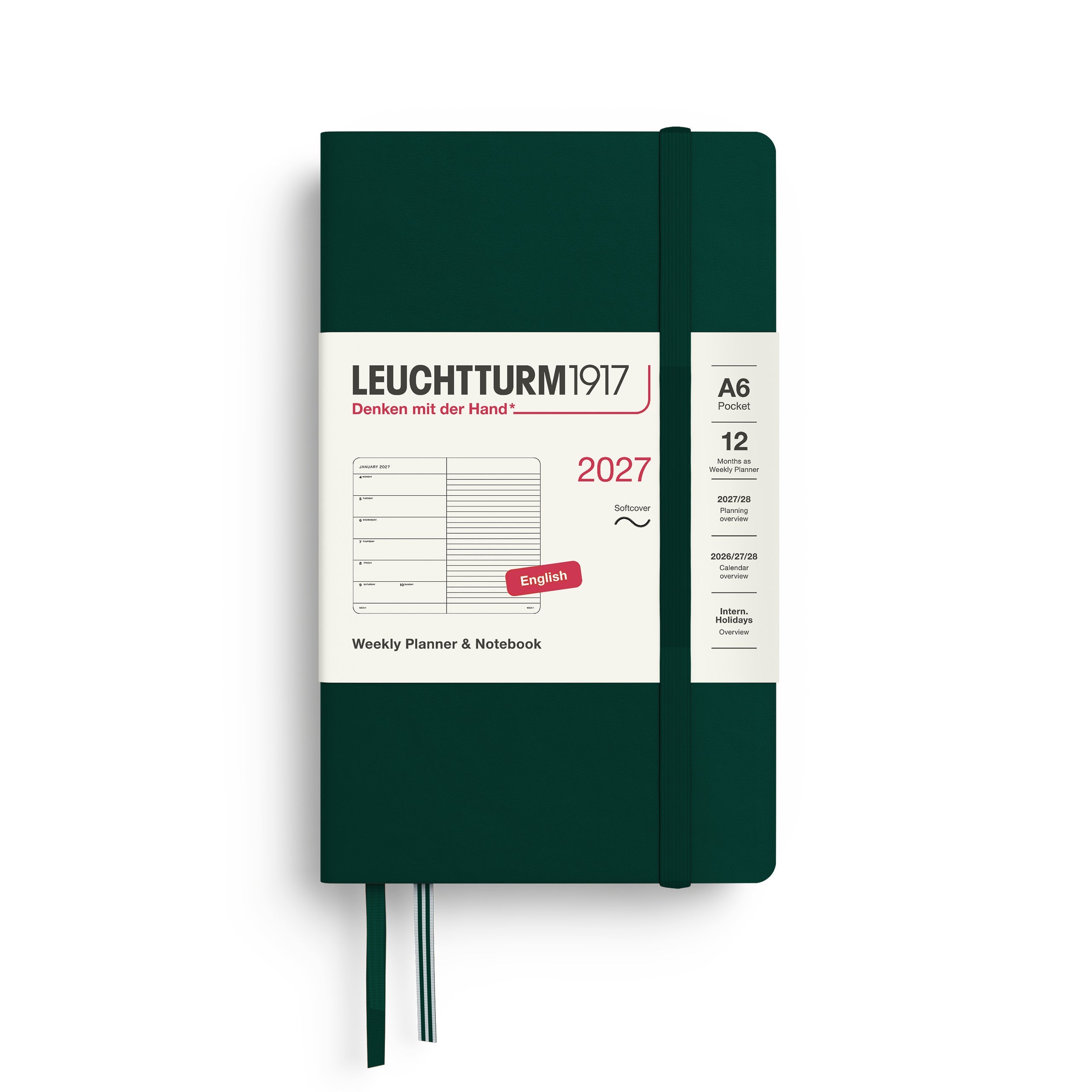Weekly Planner & Notebook 2027, 12 Months, Ruled, English – Pocket (A6) Softcover Forest Green