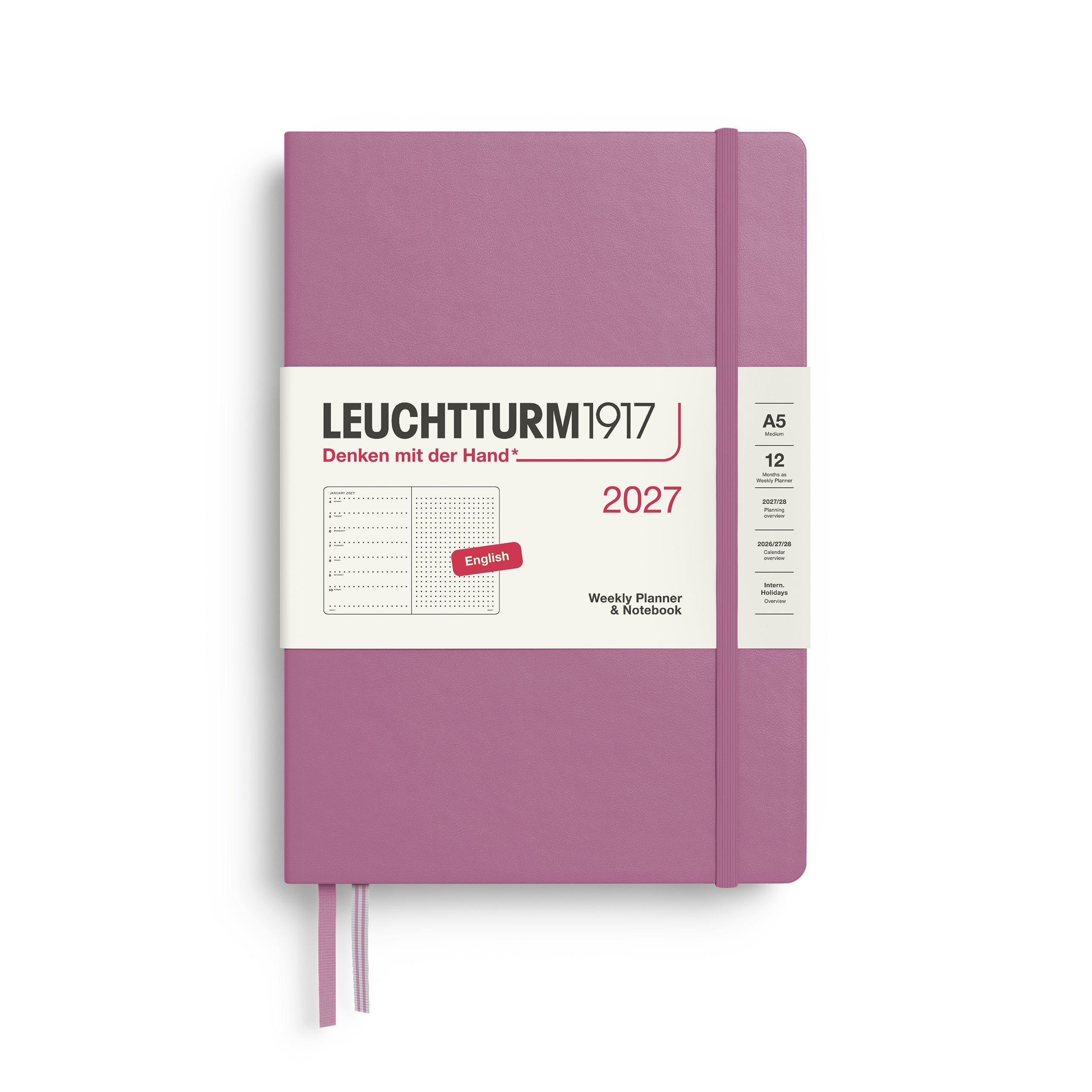 Weekly Planner & Notebook 2027, 12 Months, Dotted, English – Medium (A5) Hardcover Dusty Rose
