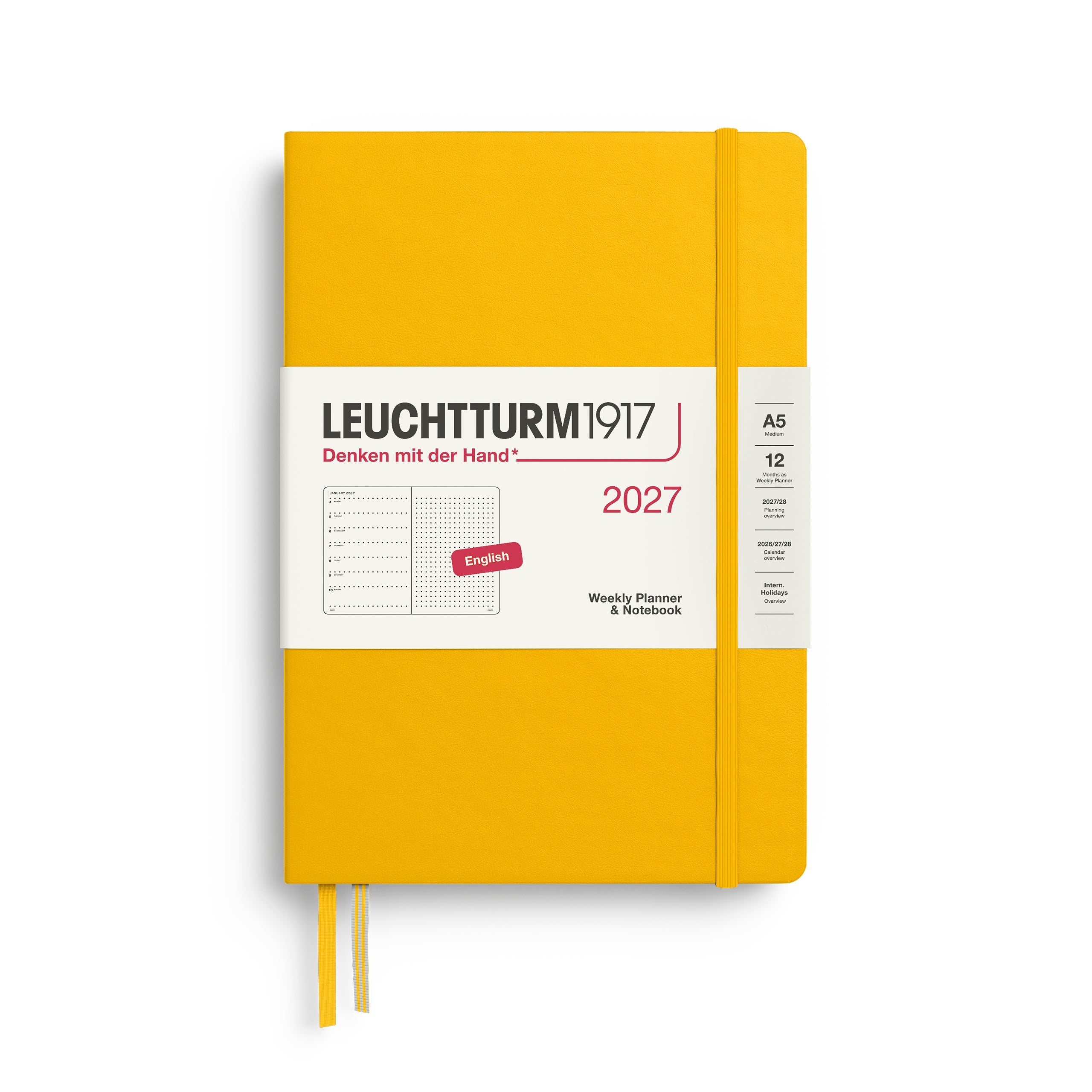 Weekly Planner & Notebook 2027, 12 Months, Dotted, English – Medium (A5) Hardcover Sunflower