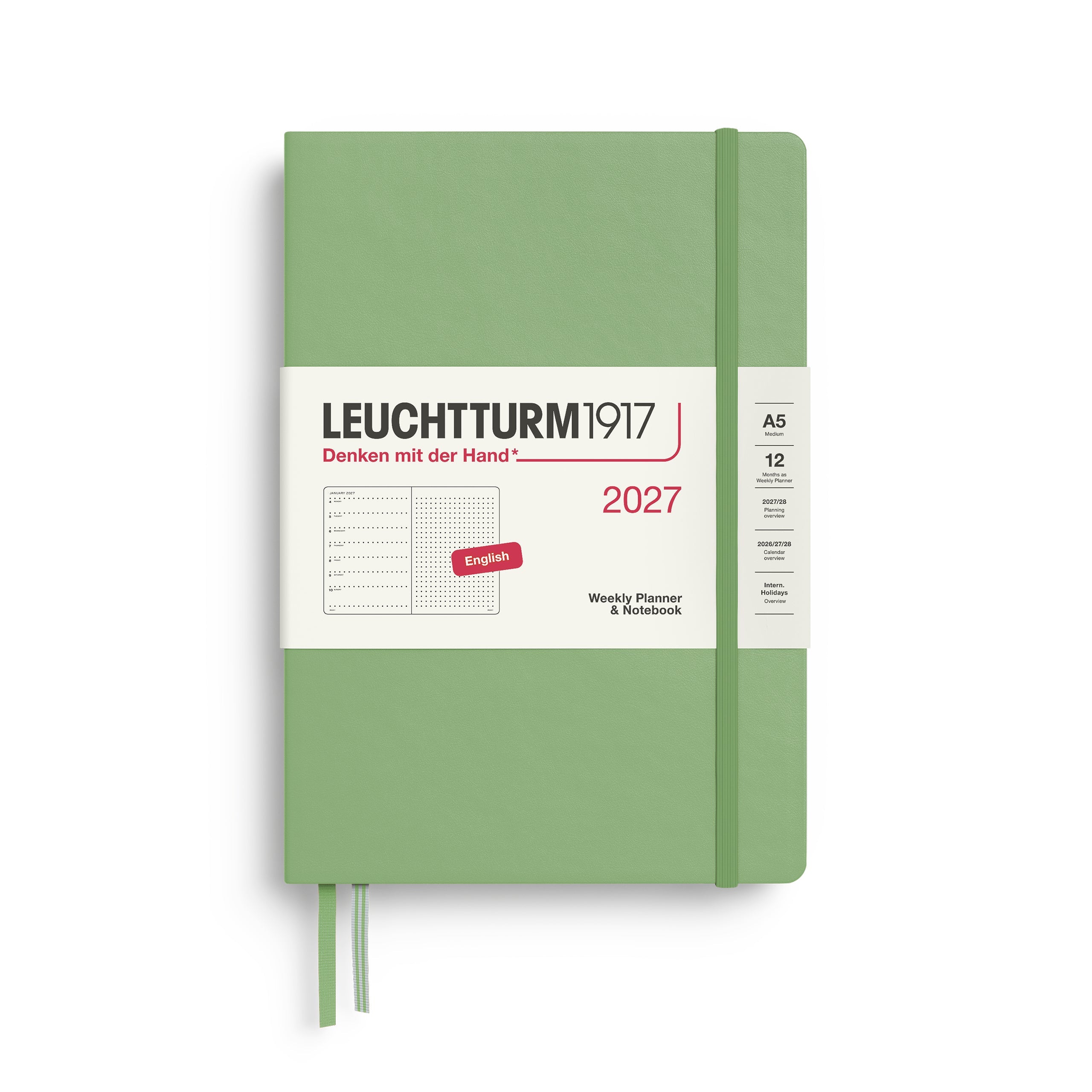 Weekly Planner & Notebook 2027, 12 Months, Dotted, English – Medium (A5) Hardcover Sage