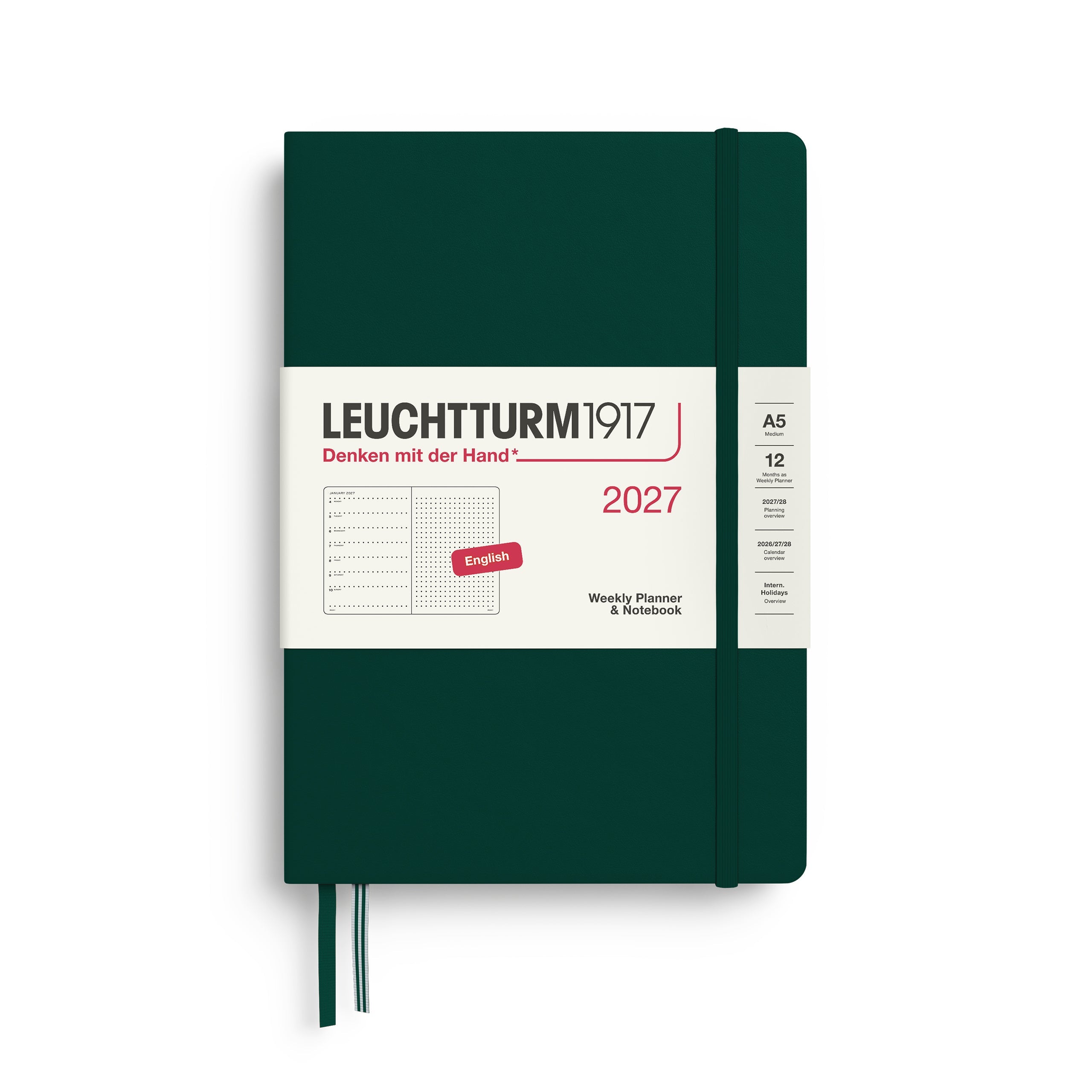 Weekly Planner & Notebook 2027, 12 Months, Dotted, English – Medium (A5) Hardcover Forest Green