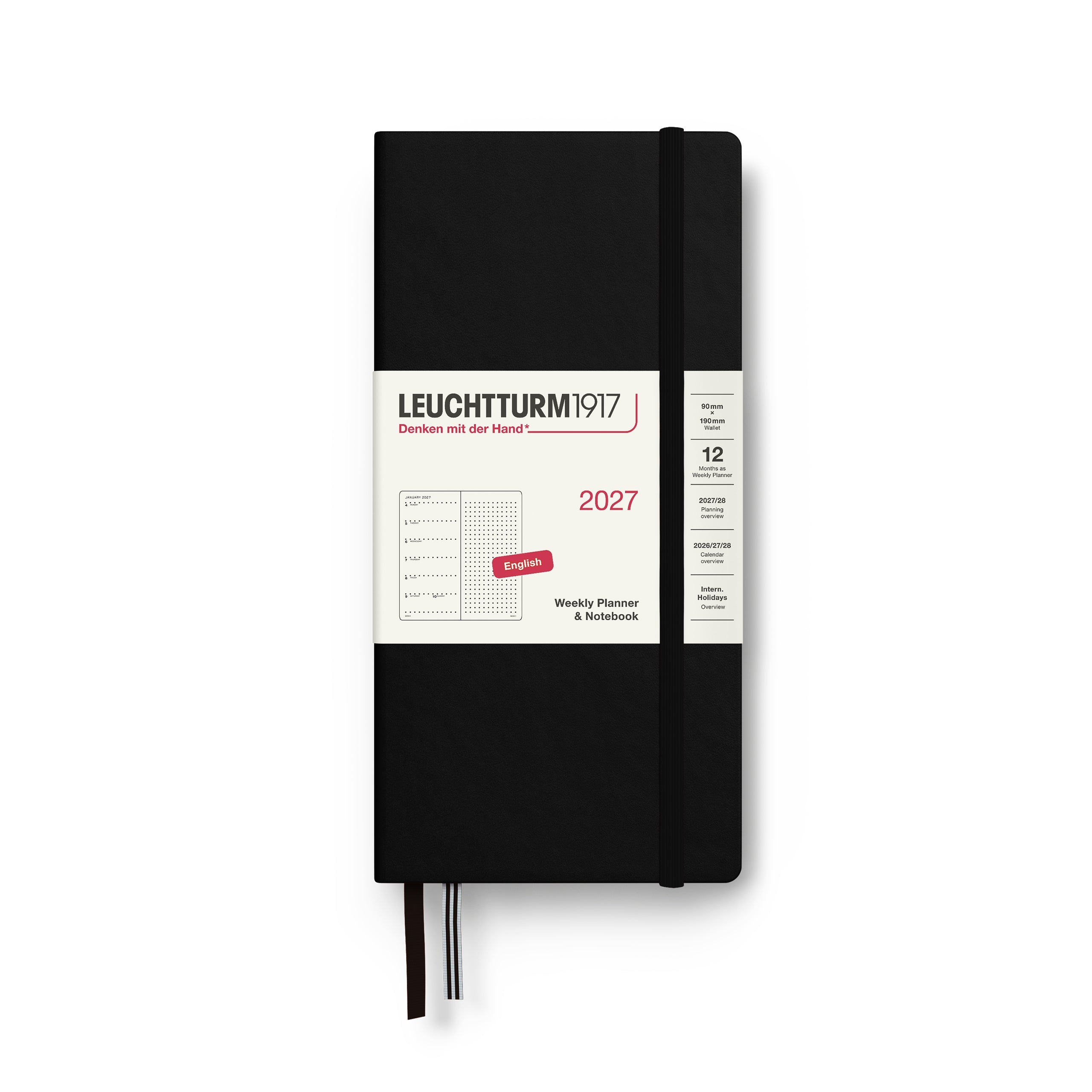 Weekly Planner & Notebook 2027, 12 Months, Dotted, English – Wallet (B6+ x A6) Hardcover Black