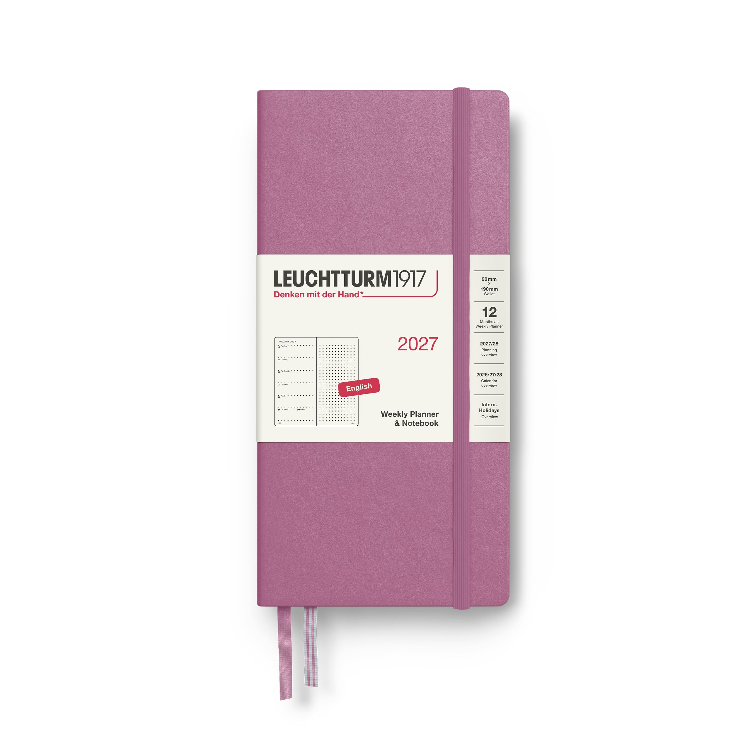 Weekly Planner & Notebook 2027, 12 Months, Dotted, English – Wallet (B6+ x A6) Hardcover Dusty Rose