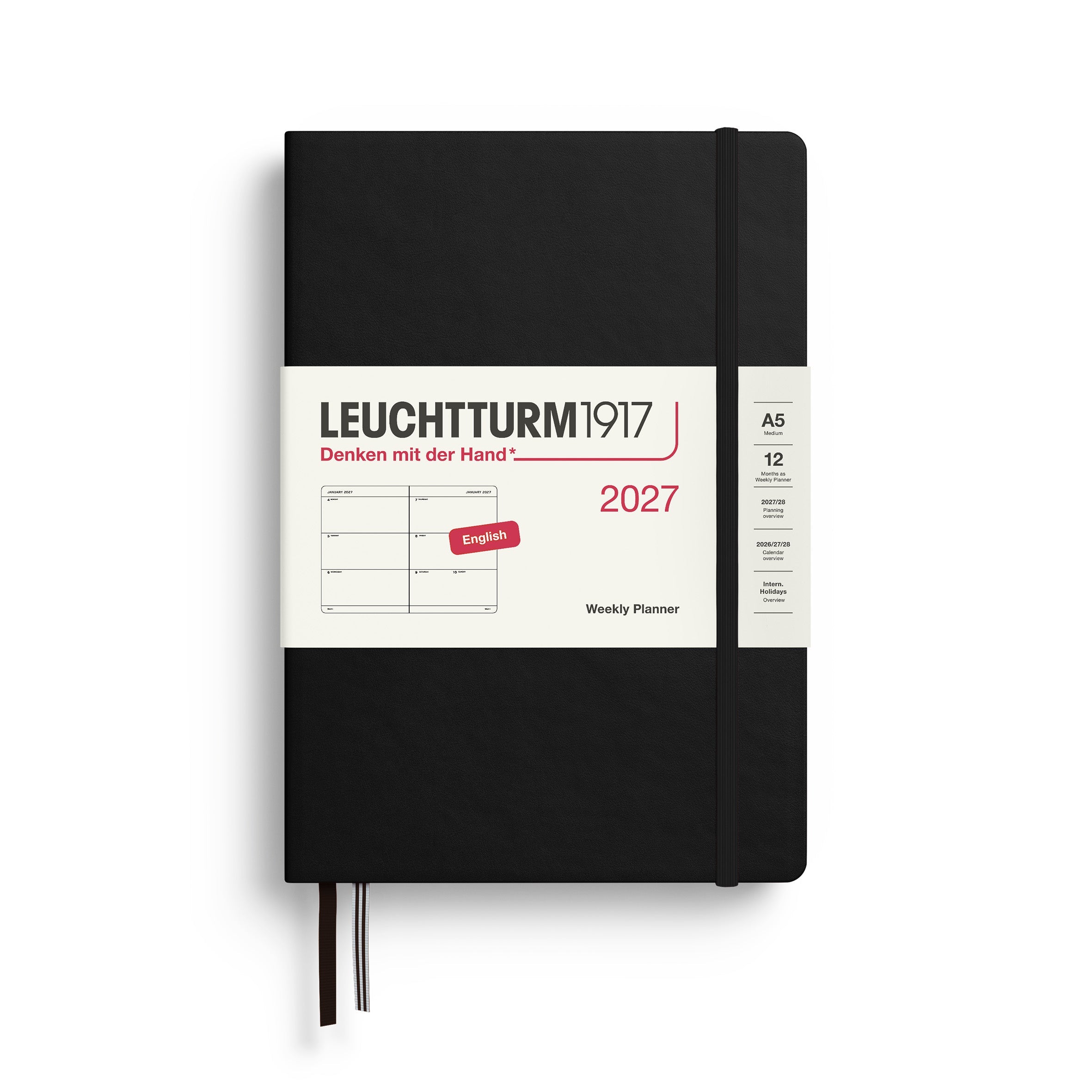 Weekly Planner 2027, 12 Months, English – Medium (A5) Hardcover Black