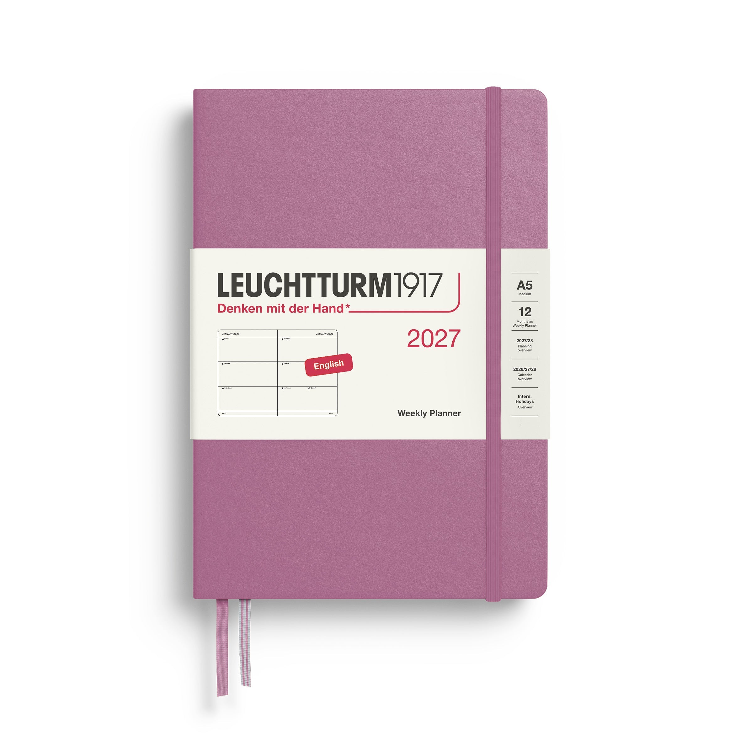 Weekly Planner 2027, 12 Months, English – Medium (A5) Hardcover Dusty Rose