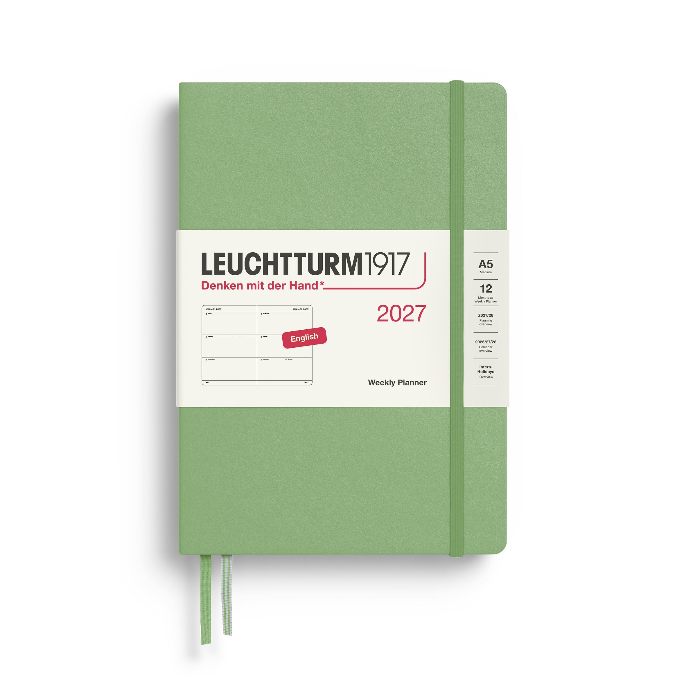 Weekly Planner 2027, 12 Months, English – Medium (A5) Hardcover Sage